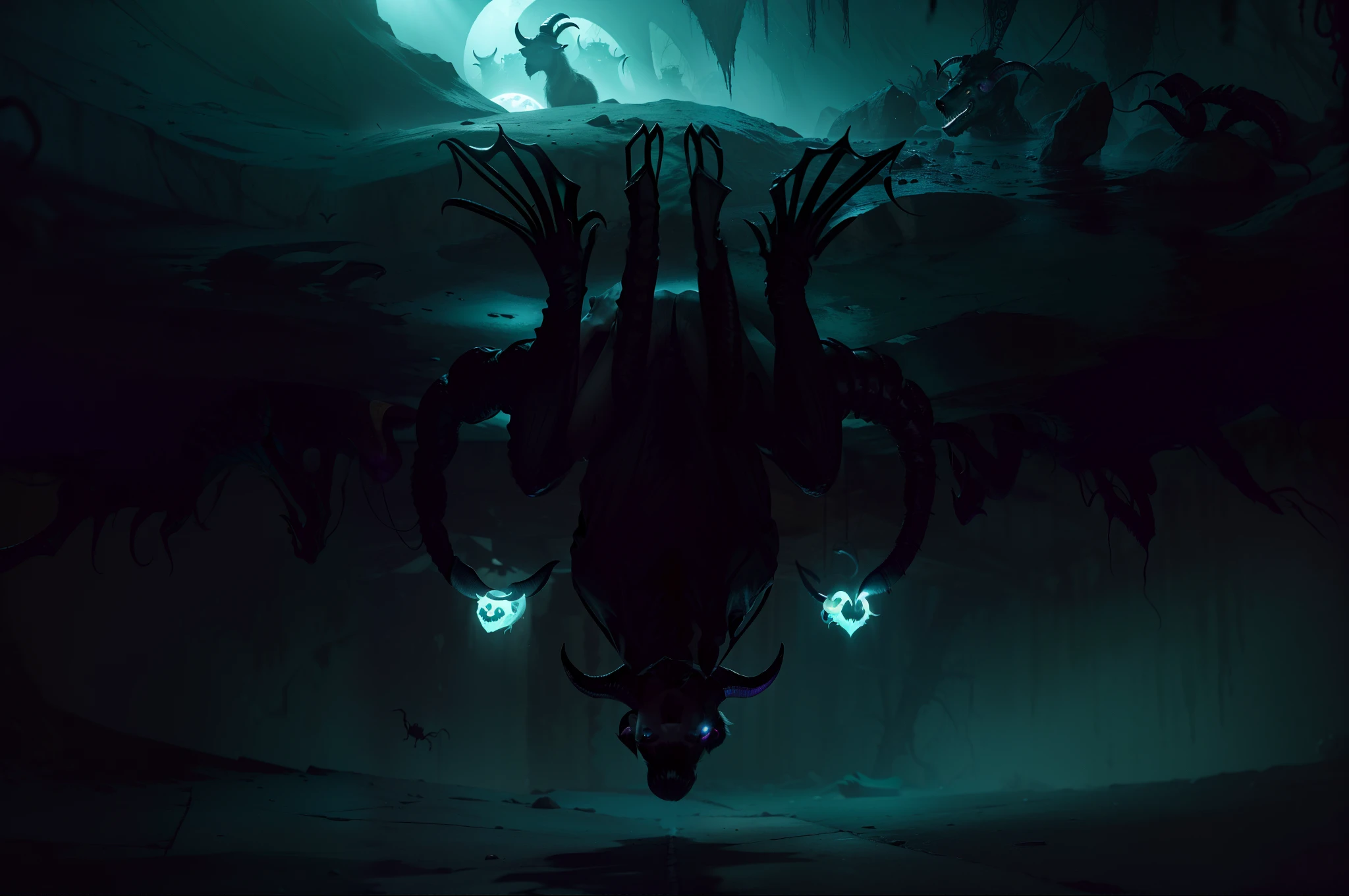 Lovecraftian horror, Lovecraftian Elder God, ((Upside_down goat_head: 1.9)), ((ant_mouth: 1.9)), double scorpion tails with crow skulls on the tip, dark eyes with bright white iris, frog_feet, hooves, imense, extremely gigantic