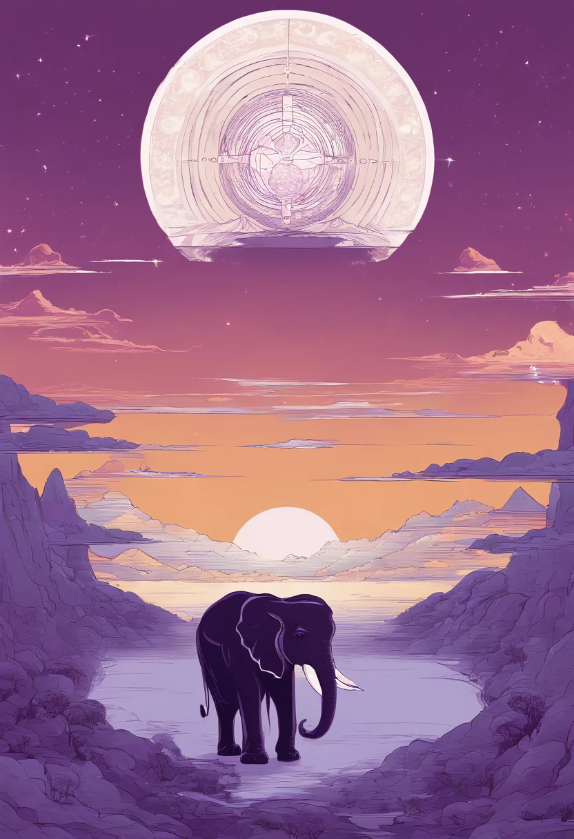 Generate a rectangular image depicting a flat Earth scenario, inspired by the Indian mythology concept. In the image, a majestic purple elephant is seen from the side, with its trunk turned slightly towards us and its tail to the right. The elephant's expression is regal and serious, and it gazes in the direction it is walking. The elephant's face should not be in full profile but slightly turned towards us.

The flat Earth is positioned harmoniously on the elephant's back and should be recognizable as flat, with an icy border extending beyond the elephant's back. At the center of the flat Earth, not too far from the edges, there should be a dome depicting the celestial vault with the sun, the moon, and the stars inside. The flat Earth should somewhat resemble the silhouette of Rufy's straw hat, creating the illusion that an enormous hat with icy edges is actually the flat Earth with the sun, moon, stars, etc., on top of the elephant.

The elephant should exude an aura of power and energy, with its energy being in shades of purple. The flat Earth should be distinctly flat and not spherical, and there should be only one elephant in the image.