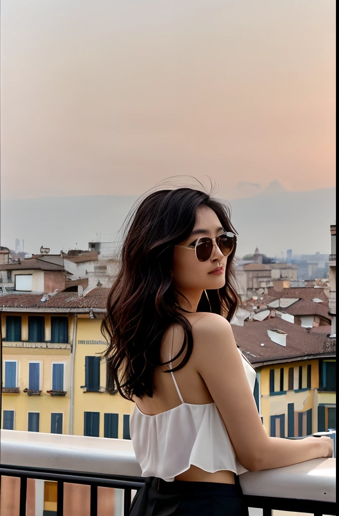[High Resolution, 8k, long shot, best quality camera lens, sony premium camera], (there is a beautiful asian woman standing like she is waiting for someone in hope), (black dark hair with brown shades, wavy hair, messy hair, wolf cut hair), ((oval face shape, fit shape, age 22 years old, fair skin tone)), night lightings, beautiful night, rooftop restaurants in milan, italy