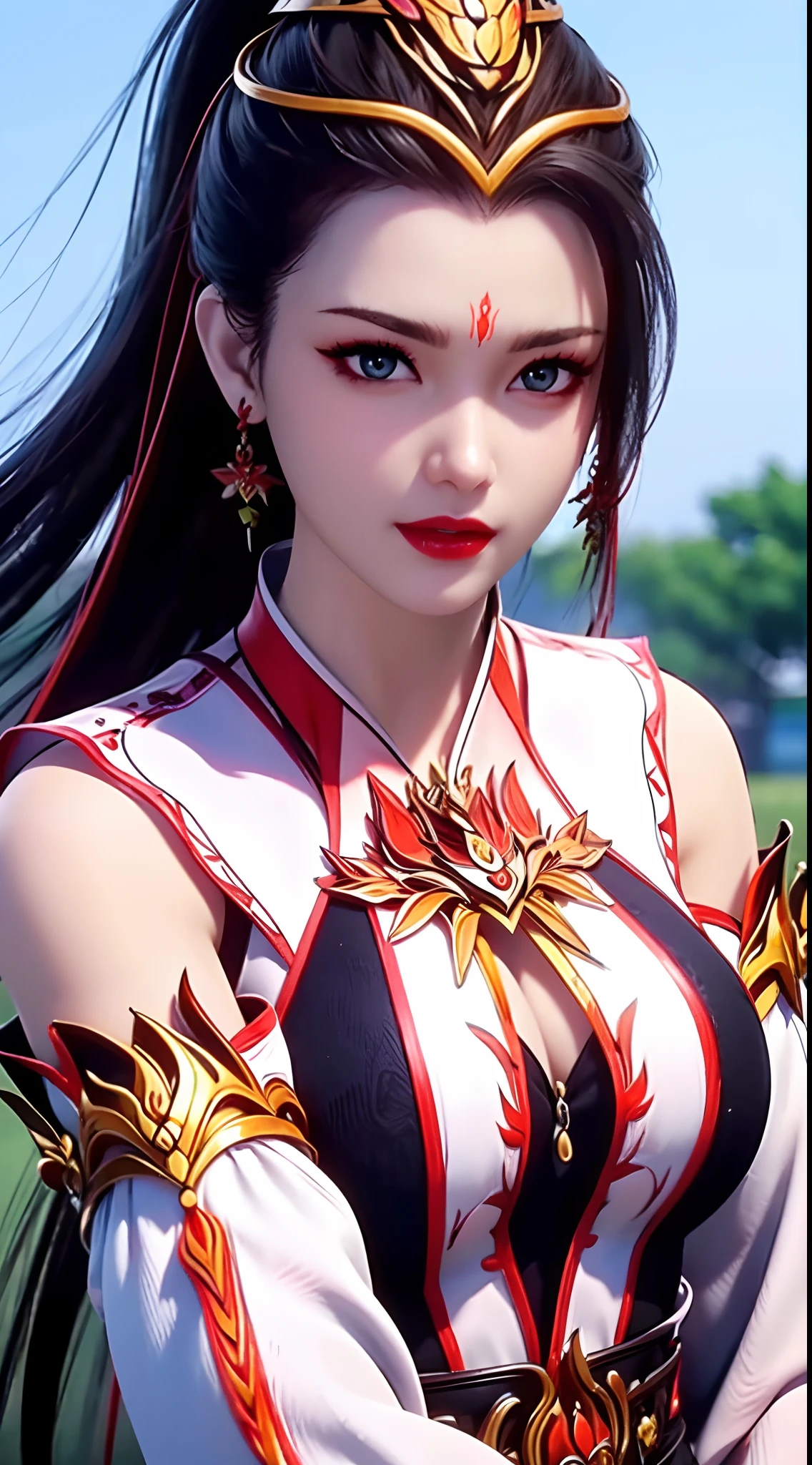 "1 beautiful girl wearing traditional costume, long thin red and white silk dress meticulously sewn, low-cut shirt, low slit, long black hair and bangs, most detailed and beautiful hair jewelry, mold most beautiful and flawless face, ((black eye pupils:0.8)), very beautiful eyes, big round eyes, ((brown eyes:1.1)), beautiful and detailed makeup eyelashes, nose tall, earrings, small red lips, rosy face, clean face, flawless beautiful face, smooth white skin, ((large breasts: 0.9)), Blums breasts, ((chest big and super round: 0.9)), ((super tight breasts: 1.2)), ((breast augmentation: 0.8)), beautiful breasts, slim and petite body, ((thin waist: 0, 9)), upper body of a beautiful girl, sexy girl, fishnet stockings color coordinated according to outfit, 8k photo, super high quality, surreal, 10x super pixels, realistic photo, dark studio, background bright, two-tone light, (high detail skin: 1.2), 8k uhd, soft light, high quality, volumetric light, realistic, High resolution photo, light, best photo, quality 4k, 8k, smooth and sharp, increased pixels by 10 times, super graphics, most realistic graphics, (((Snowfall background: 1.6))), 1 girl, alone, solo, ((portrait direct:1.2)), Extremely sharp, super realistic images."