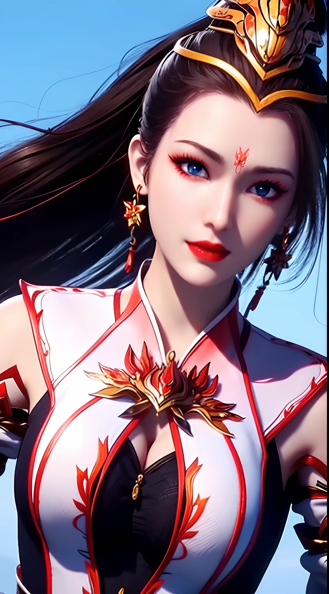 "1 beautiful girl wearing traditional costume, long thin red and white silk dress meticulously sewn, low-cut shirt, low slit, long black hair and bangs, most detailed and beautiful hair jewelry, mold most beautiful and flawless face, ((black eye pupils:0.8)), very beautiful eyes, big round eyes, ((brown eyes:1.1)), beautiful and detailed makeup eyelashes, nose tall, earrings, small red lips, rosy face, clean face, flawless beautiful face, smooth white skin, ((large breasts: 0.9)), Blums breasts, ((chest big and super round: 0.9)), ((super tight breasts: 1.2)), ((breast augmentation: 0.8)), beautiful breasts, slim and petite body, ((thin waist: 0, 9)), upper body of a beautiful girl, sexy girl, fishnet stockings color coordinated according to outfit, 8k photo, super high quality, surreal, 10x super pixels, realistic photo, dark studio, background bright, two-tone light, (high detail skin: 1.2), 8k uhd, soft light, high quality, volumetric light, realistic, High resolution photo, light, best photo, quality 4k, 8k, smooth and sharp, increased pixels by 10 times, super graphics, most realistic graphics, (((Snowfall background: 1.6))), 1 girl, alone, solo, ((portrait direct:1.2)), Extremely sharp, super realistic images."