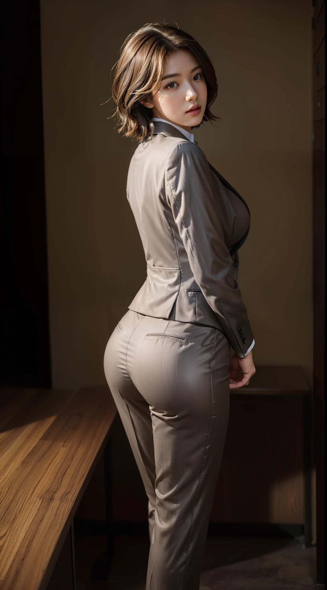 (highest quality, 8k, 32k, masterpiece, Ultra-high resolution:1.2), One girl, Beautiful Japanese Women, Tight waist, grey suit, Open jacket, office lady, suit, pants, From behind, ((Round ass)), (Stick your butt out:1.2), Detailed face, short hair,