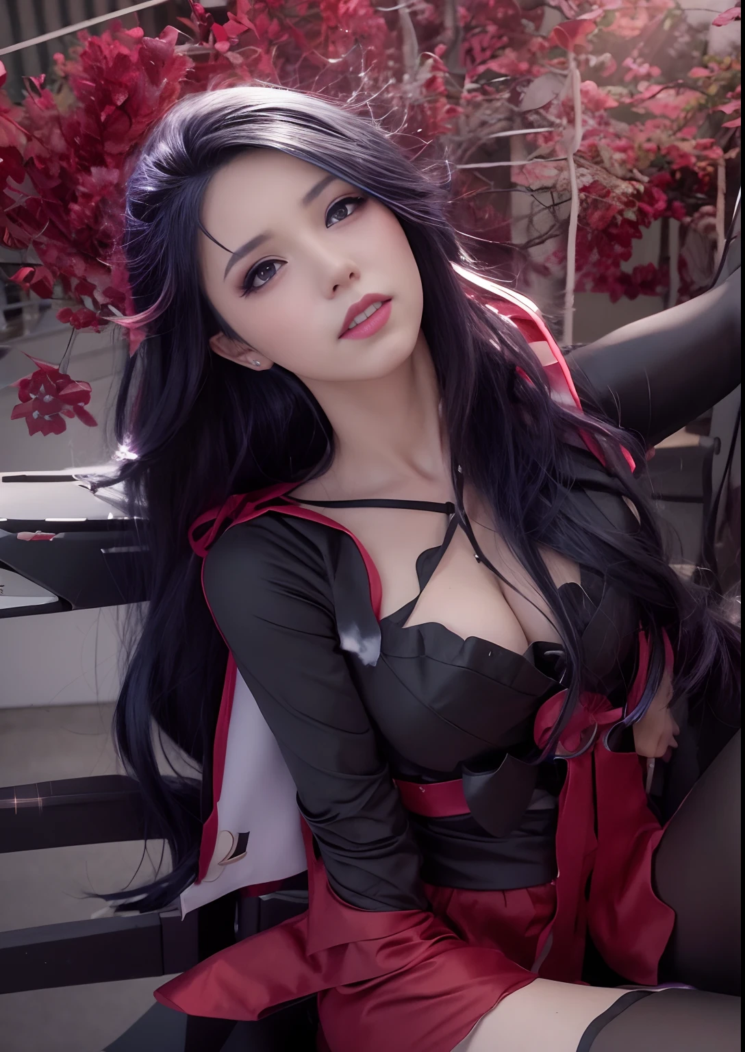 anime cosplay of a woman with a black jacket and a red rose, anime cosplay, anime girl cosplay, akatsuki akira, itatchi uchiha, anime inspired, professional cosplay, realistic anime 3 d style, anime styled 3d, anime style, hinata hyuga, cosplay, full-cosplay, anime girl in real life, anime-style