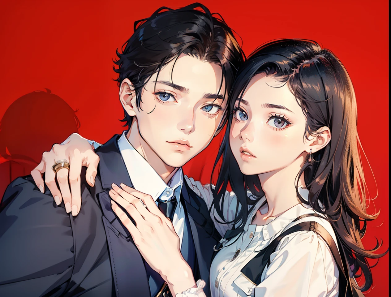 Male and female couples Girl sitting on a chair wearing a tight skirt over a blouse。Boys hugging each other from behind。Boy in high school long pants uniform with mash cut hairstyle。Without glasses