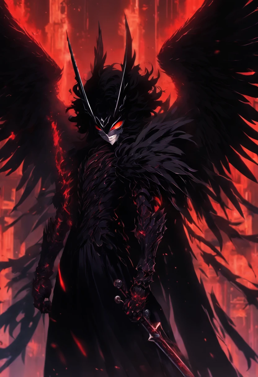Black winged angel, wearing a black mask, wearing a black suit, having black horns, holding a sword, red eyes, dark and black aura, best quality