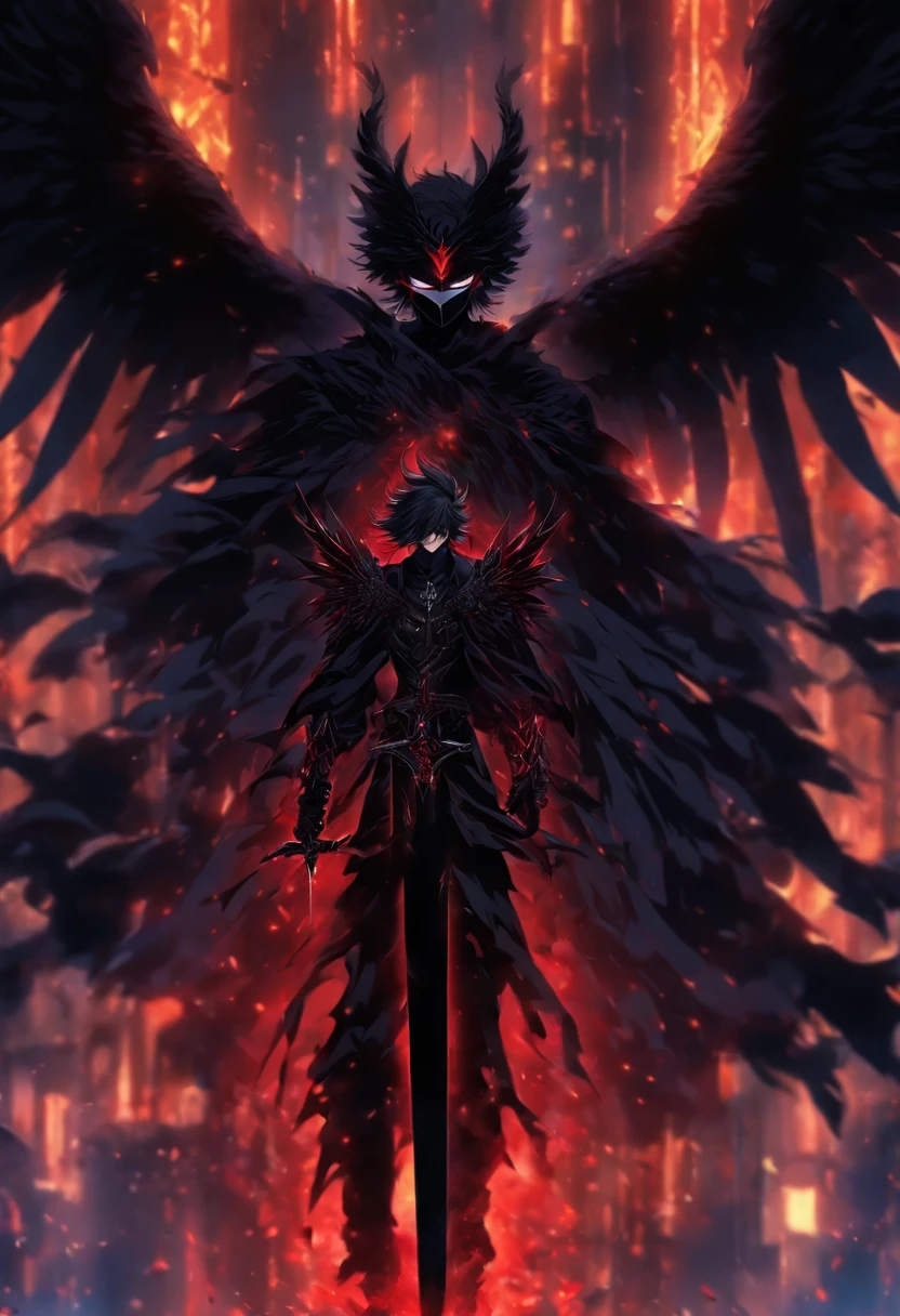 Black winged angel, wearing a black mask, wearing a black suit, having black horns, holding a sword, red eyes, dark and black aura, best quality