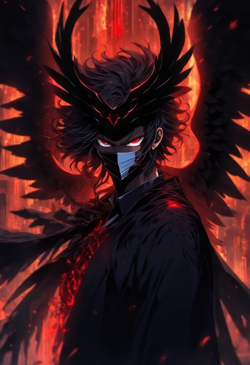 Black winged angel, wearing a black mask, wearing a black suit, having black horns, holding a sword, red eyes, dark and black aura, best quality