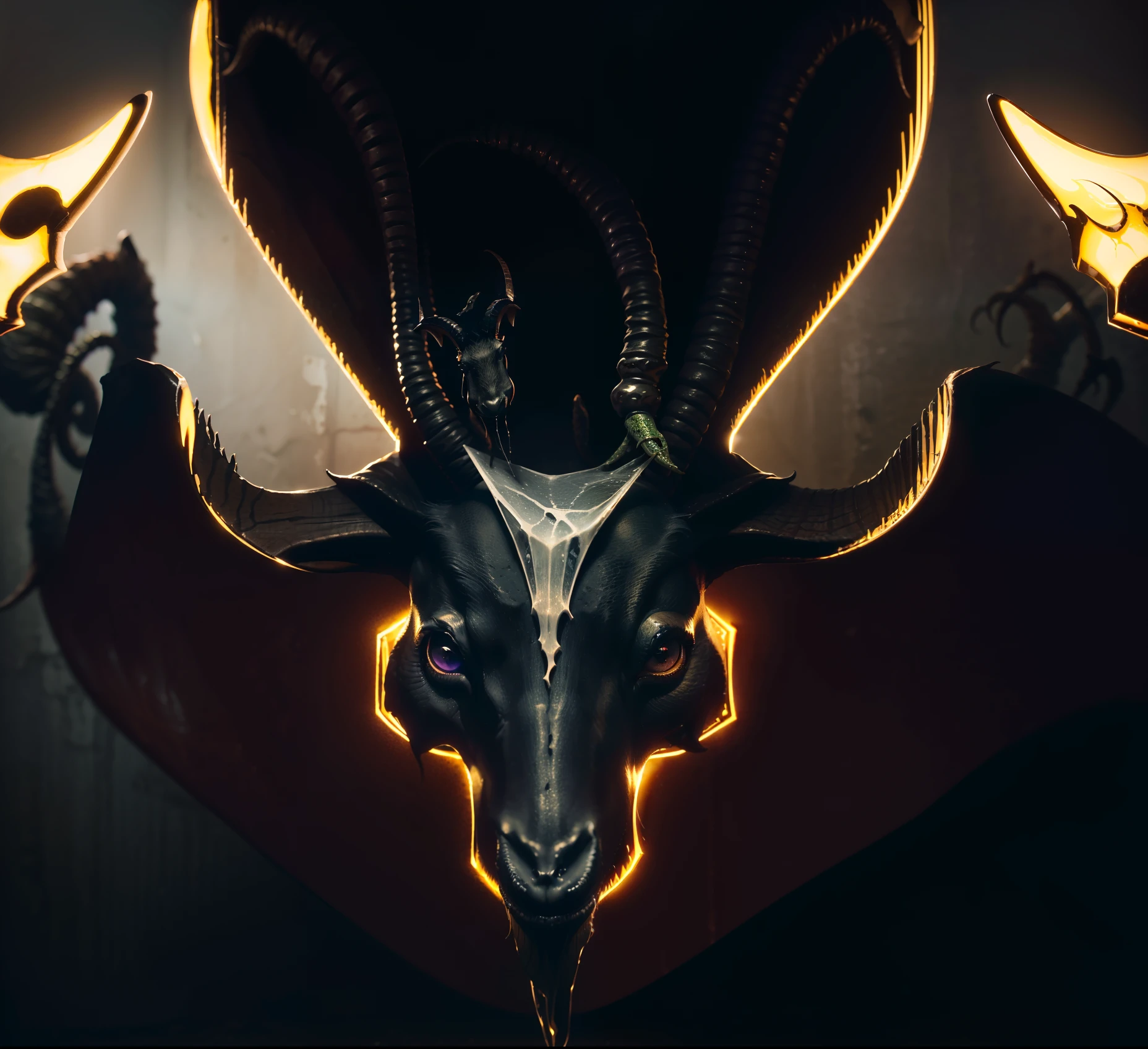 Lovecraftian horror, Lovecraftian Elder God, ((Upside_down goat_head: 1.9)), ((ant_mouth: 1.9)), double scorpion tails with crow skulls on the tip, dark eyes with bright white iris, frog_feet, hooves, imense, extremely gigantic