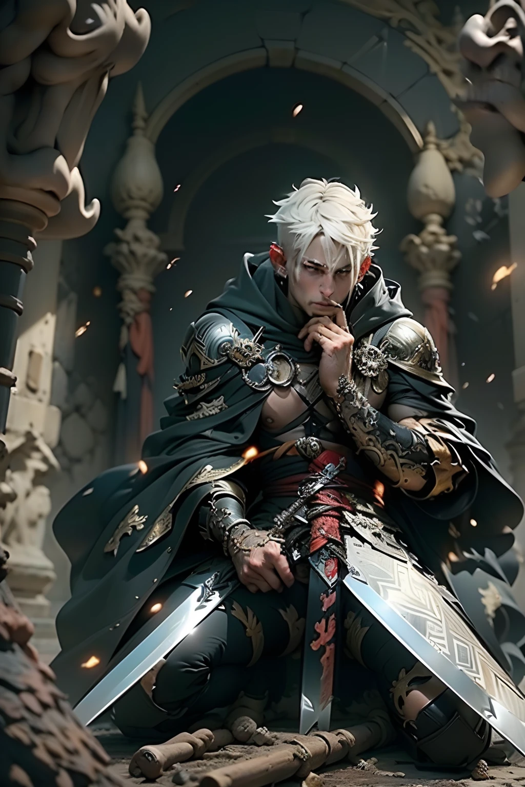 (um espadachim com duas espadas sentadas, vestindo um manto preto e dourado e cabelos brancos, the swords stuck in the ground, 4k high quality and maximum detail)