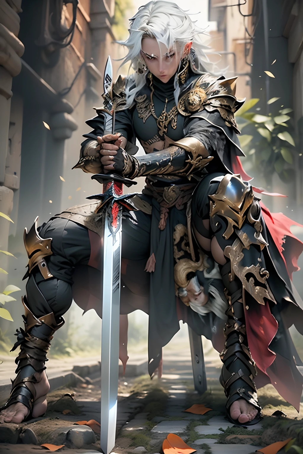 (um espadachim com duas espadas sentadas, vestindo um manto preto e dourado e cabelos brancos, the swords stuck in the ground, 4k high quality and maximum detail)