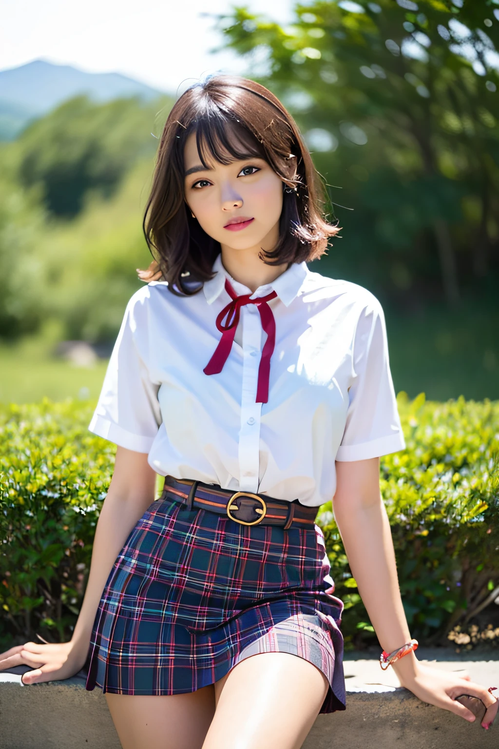 NSFW, 8K Raw photograph, Best quality, Masterpiece, hyper HD, filmgrain, 1girll, view the viewer, Natural skin texture, Realistic eye and face details, full pouty lips, lipstick, (Makeup), Red eyeshadow, Fluffy short hair, Messy hair, Smile, closing the mouth, Beautiful legs, Tall woman, Skinny, Solo, Mid-chest, shirt, Beautiful natural place, Location of flowers around, (Detailed background), Knee-length skirt, red plaid skirt, White shirt, Blurred background, Blurred, holds, tartan, Short sleeves, A JK red ribbon around the neck, JK ribbon, Brown hair, Bracelet, water, bangs, uniform, jewelry, parted lip, Lips, From the front, Pleated skirt, Depth of field