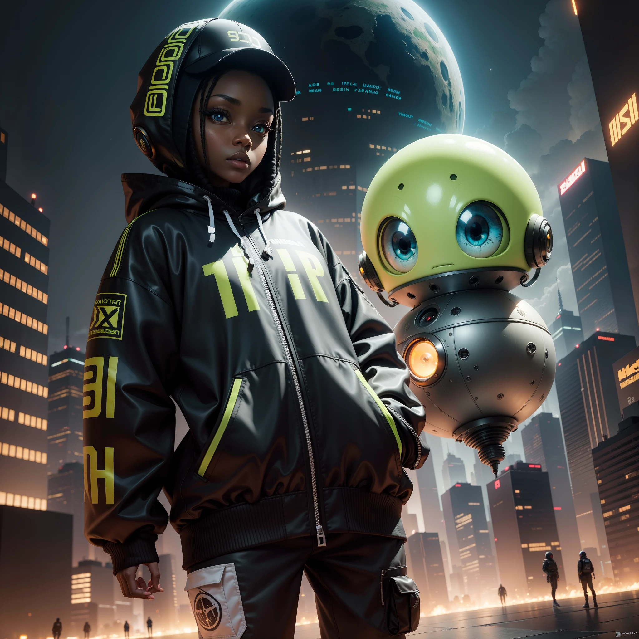 Alien wearing hip-hop clothes in futuristic city, Large eyes and oval head, pele escamosa texturizada, estilo chibi, arte de Nashi e Daniel Capua, master part, HDR, UHD, 64 mil, altamente detalhado, trending on ArtStation, Motor irreal, vivid colors, High Resolution Scanning