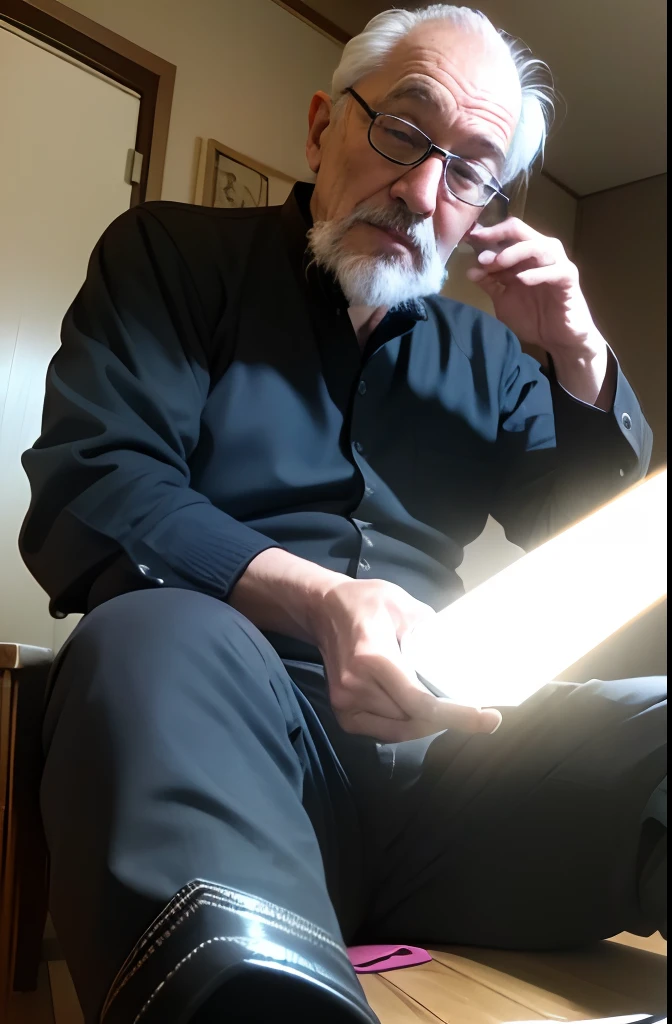 with a goatee,Old gentleman in black riding boots,Show off his boots,The light source is in the upper left corner。