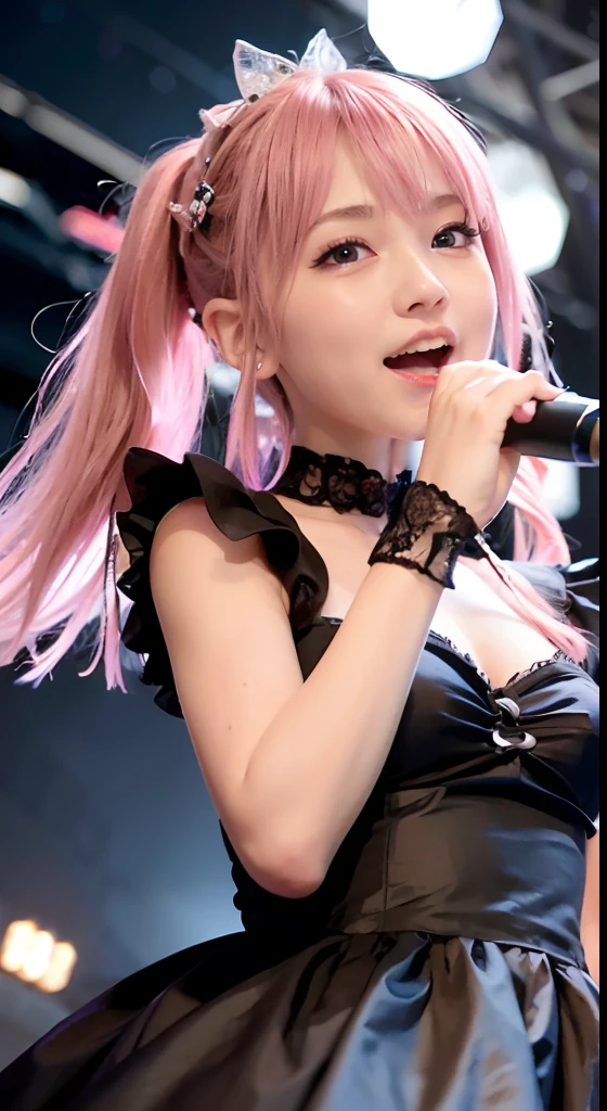(ultra-detailliert), Cute princess dresses in black color,(frilly dress),(shortsleeves),Blue eyes,The upper part of the body、a closeup、faces、(A smile:1.5),(facing front:1.2), 20yr old, teens girl,no tail,(no tail),2D, ​masterpiece, top-quality, animesque,Band Group Vocals, a closeup, Singing a song on an electric guitar, Stand Microphone, Mouth open, A detailed eye, A detailed face, girl with, Only 1 person,Pink Hair Medium Hair, (Pink hair),  Ear Hair, small tits, Single braid, (Single braid), (Side braid), Pink ribbon, Ribbon around the neck, (White sleeves), Background bokeh