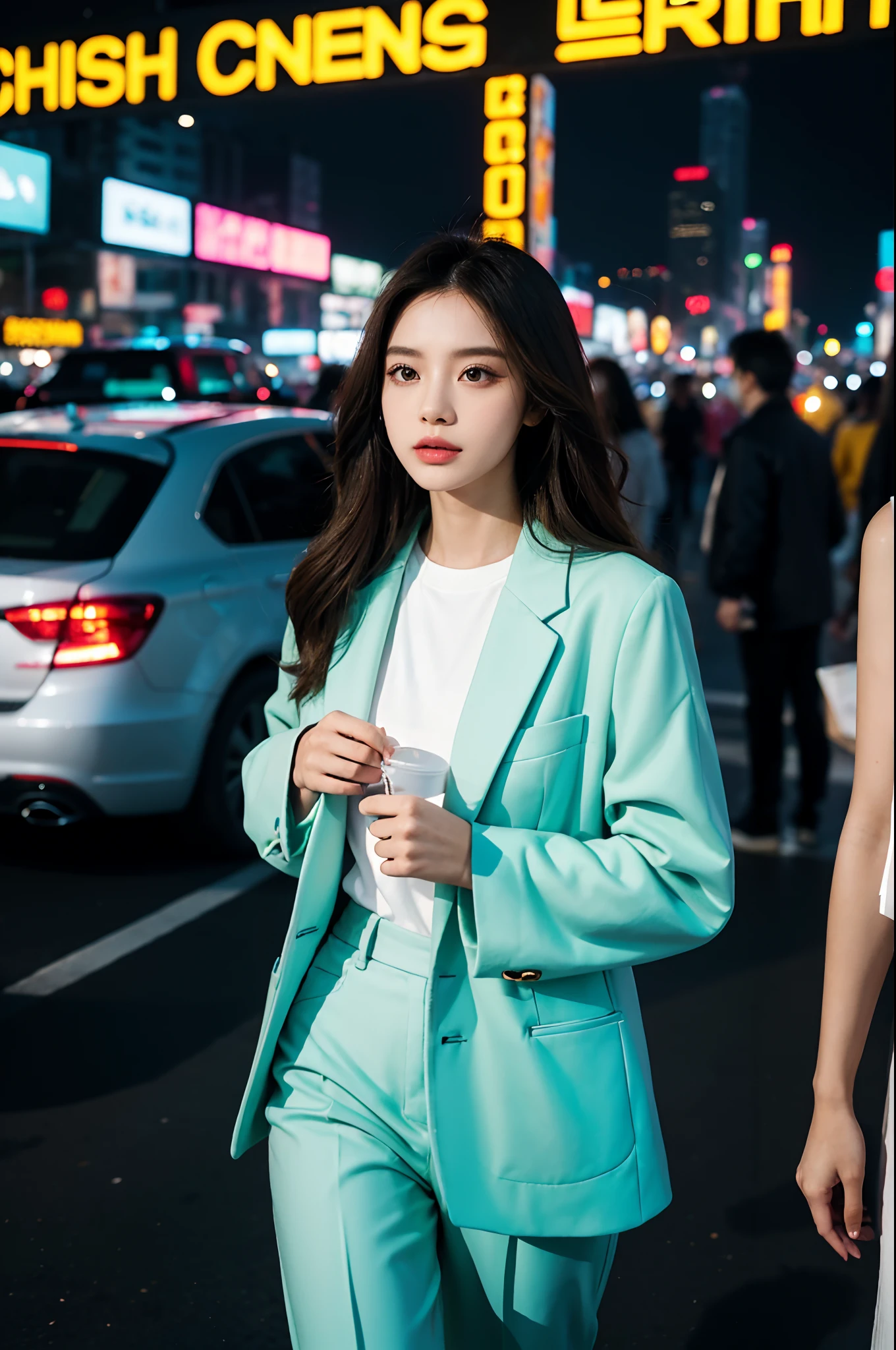 A beautiful city girl with detailed makeup, Stylish clothes, and a high-class sense of fashion, Long straight hair, Carry a stylish handbag, And wear trendy sunglasses, Walk the busy streets of Seoul confidently [urban, modern, vibrant]. Her flawless porcelain skin sparkled in the sun, Highlight her impeccable complexion. The vibrant colors of the cityscape create a vivid backdrop, The market is bustling, Neon lights, and skyscrapers [Dynamic, Energetic]. The girl is surrounded by a group of fashionable girls, Different styles, Each one reflects their personality [Stylish, diffe]. The overall scene exudes charm and sophistication.

Artworks are rendered using a mix of digital painting and photography techniques [mixed media, Contemporary]. It demonstrates a high level of detail, Girls have intricate patterns on their clothes, Highlight her fashion-forward style. The lighting has been carefully designed，Creates a soft and dramatic effect, Enhance the overall mood of the image [Soft lighting, Dramatic atmosphere]. The color palette consists of vibrant and saturated hues, Give the artwork a bold and captivating look [Vibrant, colorful]. The composition of the artwork is carefully balanced, Draw the audience's attention to the fashion girl in the center，while capturing the energy of the surrounding city [Balanced composition].

(Best quality, 4K, High-res), Ultra-detailed, realistic artwork, With a clear focus and vibrant colors, The perfect summary of the essence of urban fashion [Masterpiece:1.2, Ultra-detailed, Realistic:1.37]. The image quality is top-notch, Show every intricate detail of girls' makeup, Her fashion ensemble, and vibrant cityscapes. The overall feel of the artwork is exquisite，Visually stunning.