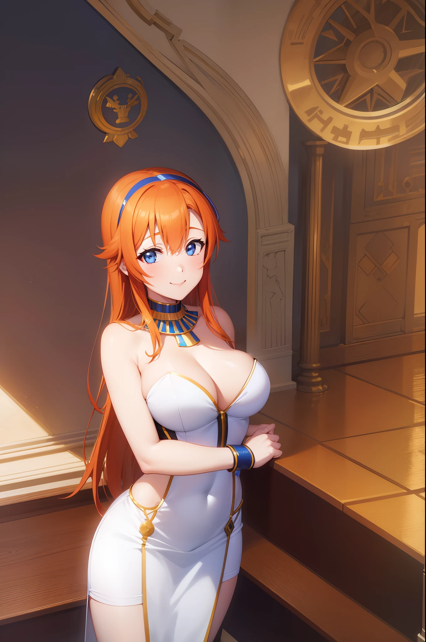 Kousaka honoka, blue eyes, orange hair, Egyptian queen custom,white strapless bodycon dress ,Egyptian scratch on head, Bettie Page, ancient Egypt, standing, on the lap of the God Anubis in sexy pose, smile, cleavage, medium hair, solo, facing viewer