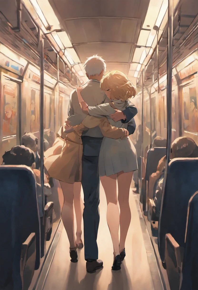 SFW, realistic, masterpiece, (VERY crowded subway train interior detailed scenario), (VERY crowded subway train interior detailed background), standing insanely hot (woman 1) using sexy ((mini dress)), (((lifted dress)), ((big ass)), ((thick thigths)), ((3/4 white stockings)), (fear expression), blushed face, old small man ass groping woman 1 from behind,(((old man pressing his chest on woman 1 back))) and (((holding her waist behind her)))