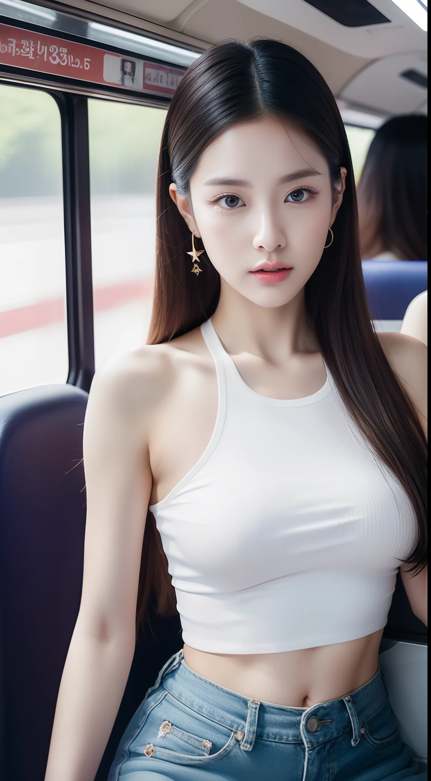 realistic photos of 1 cute Korean star, hair behind ears, white skin, thin makeup, 32 inch breasts size, wearing crop top, taking on a bus, with crowded, upper body portrait, Color Field painting, UHD