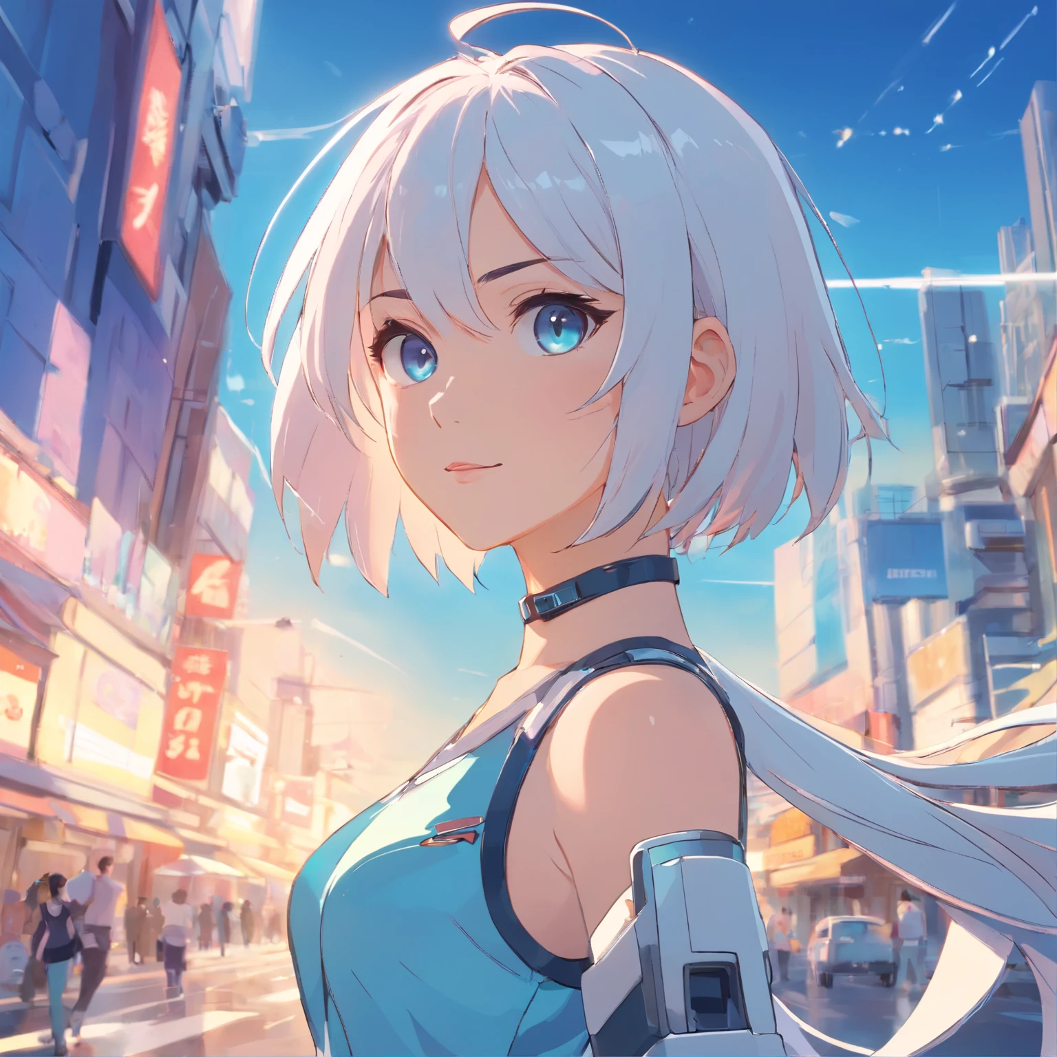inspired by Android 18, is characterized by its exquisite beauty and unique elegance that combine human charm and high technology. Its skin is usually smooth and has a pale pink or silvery hue., giving it a futuristic and elegant appearance. Its eyes are usually bright blue or green, reflecting its bright and cold programming. Elle dispose de longs, cheveux lisses, often in shades of silvery white or light blue, and it can be geometrically designed with nested mechanical parts. His facial features are precise and alluring in a distinctive way, And she has a seductive smile that hides sinister intentions and goals.. His clothes are meticulously designed, Combining elements of classic fashion with futuristic, Conceptions innovantes