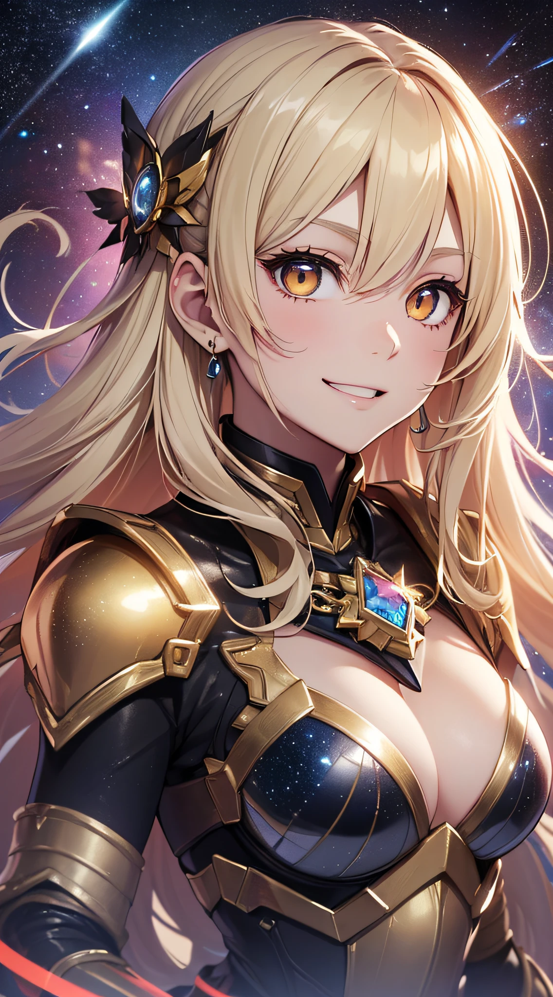 top-quality、Top image quality、masterpiece、girl with((18year old、Cosmic Metallic Armor、Best Bust、Bust 90、a blond、Semi-long、Glowing eyes、open chest wide、Valley、Happiness、Luminous Chain Accessories、Cosmic Accessories、Weightlessness、fists up、The best smile、Laser from both hands)hiquality、visualart、Background with(spaces、stele々、kosmos))、masutepiece、Best graphics、Super delicate