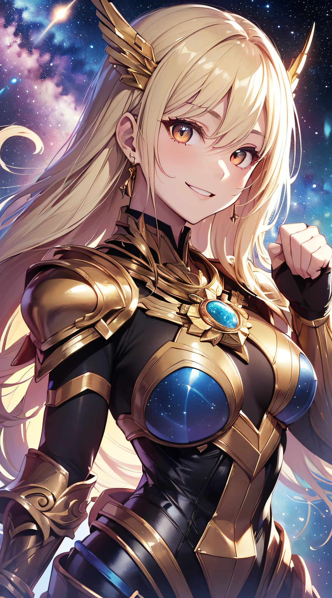 top-quality、Top image quality、masterpiece、girl with((18year old、Cosmic Metallic Armor、Best Bust、Bust 90、a blond、Semi-long、Glowing eyes、open chest wide、Valley、Happiness、Luminous Chain Accessories、Cosmic Accessories、Weightlessness、fists up、The best smile、Laser from both hands)hiquality、visualart、Background with(spaces、stele々、kosmos))、masutepiece、Best graphics、Super delicate