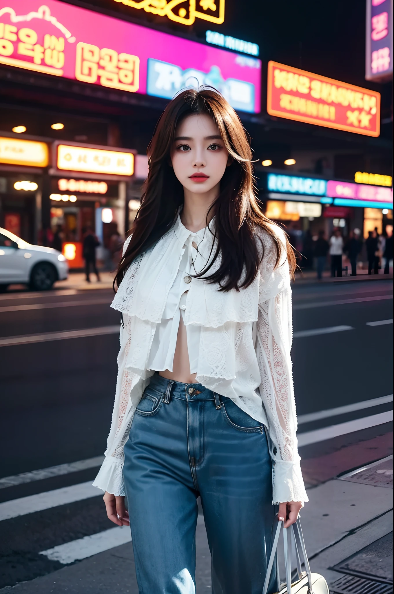 A beautiful city girl with detailed makeup, Stylish clothes, and a high-class sense of fashion, Long straight hair, Bring a stylish handbag, And wear trendy sunglasses, Walk the busy streets of Seoul confidently [urban, modern, vibrant]. Her flawless porcelain skin sparkled in the sun, Highlight her impeccable complexion. The vibrant colors of the cityscape create a vivid backdrop, The market is bustling, Neon lights, and skyscrapers [Dynamic, Energetic]. The girl is surrounded by a group of fashionable girls, Different styles, Each one reflects their personality [Stylish, diffe]. The overall scene exudes charm and sophistication.

Artworks are rendered using a mix of digital painting and photography techniques [mixed media, Contemporary]. It demonstrates a high level of detail, Girls have intricate patterns on their clothes, Highlight her fashion-forward style. The lighting is well designed，Create soft and dramatic effects, Enhance the overall atmosphere of the image [Soft lighting, Dramatic atmosphere]. The color palette consists of vibrant and saturated hues, Give the artwork a bold and captivating look [vibrant, Colorful]. The composition of the artwork is carefully balanced, Draw the audience's attention to the fashion girl in the middle，while capturing the energy of the surrounding city [Balanced composition].

(Best quality, 4K, High-res), Ultra-detailed, realistic artwork, With a clear focus and vibrant colors, The perfect summary of the essence of urban fashion [Masterpiece:1.2, Ultra-detailed, Realistic:1.37]. The image quality is top-notch, Show every intricate detail of girls' makeup, Her fashion suit, and vibrant cityscapes. The overall feel of the artwork is exquisite，Visually stunning.