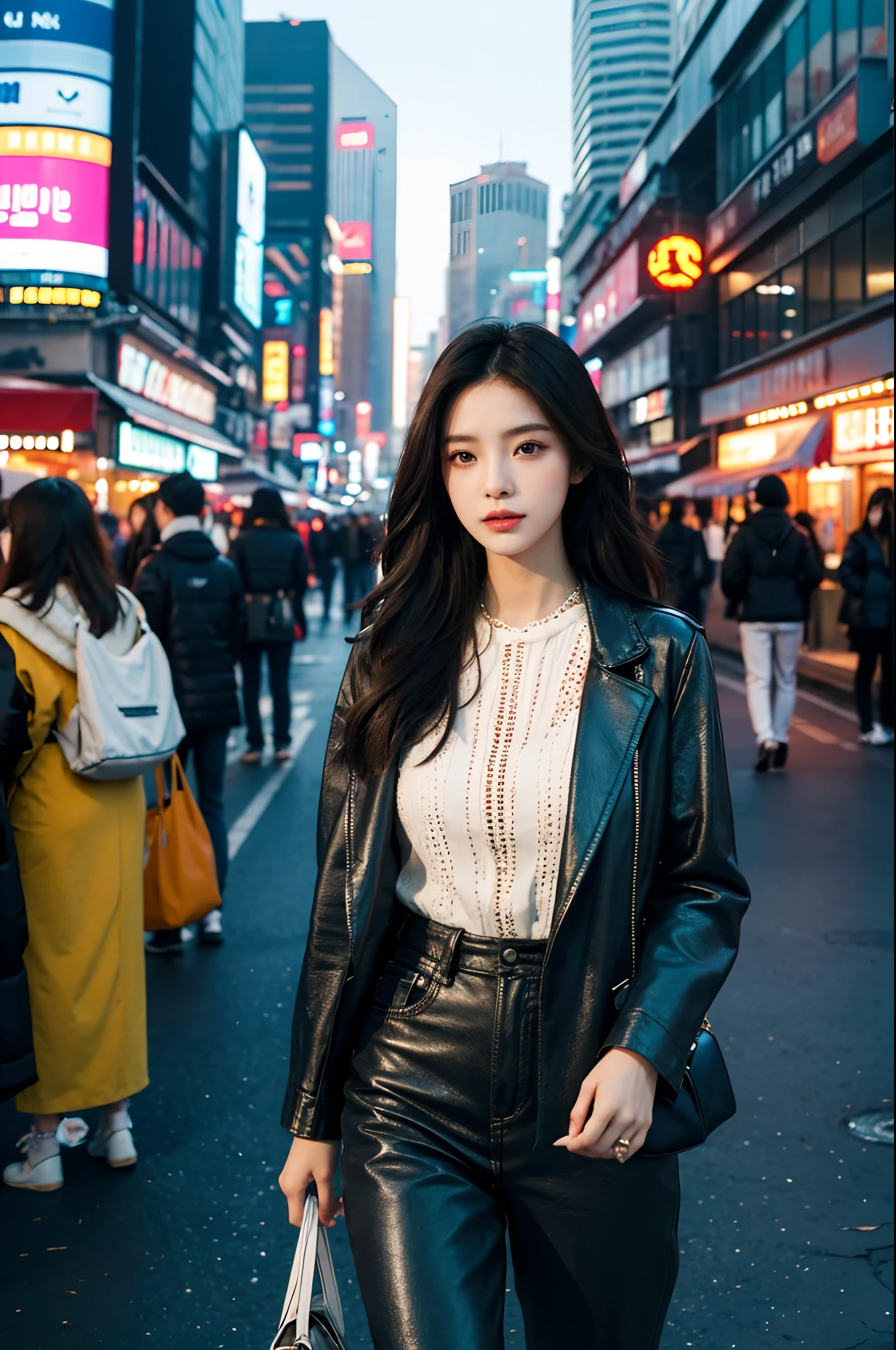 A beautiful city girl with detailed makeup, Stylish clothes, and a high-class sense of fashion, Long straight hair, Bring a stylish handbag, And wear trendy sunglasses, Walk the busy streets of Seoul confidently [urban, modern, vibrant]. Her flawless porcelain skin sparkled in the sun, Highlight her impeccable complexion. The vibrant colors of the cityscape create a vivid backdrop, The market is bustling, Neon lights, and skyscrapers [Dynamic, Energetic]. The girl is surrounded by a group of fashionable girls, Different styles, Each one reflects their personality [Stylish, diffe]. The overall scene exudes charm and sophistication.

Artworks are rendered using a mix of digital painting and photography techniques [mixed media, Contemporary]. It demonstrates a high level of detail, Girls have intricate patterns on their clothes, Highlight her fashion-forward style. The lighting is well designed，Create soft and dramatic effects, Enhance the overall atmosphere of the image [Soft lighting, Dramatic atmosphere]. The color palette consists of vibrant and saturated hues, Give the artwork a bold and captivating look [vibrant, Colorful]. The composition of the artwork is carefully balanced, Draw the audience's attention to the fashion girl in the middle，while capturing the energy of the surrounding city [Balanced composition].

(Best quality, 4K, High-res), Ultra-detailed, realistic artwork, With a clear focus and vibrant colors, The perfect summary of the essence of urban fashion [Masterpiece:1.2, Ultra-detailed, Realistic:1.37]. The image quality is top-notch, Show every intricate detail of girls' makeup, Her fashion suit, and vibrant cityscapes. The overall feel of the artwork is exquisite，Visually stunning.