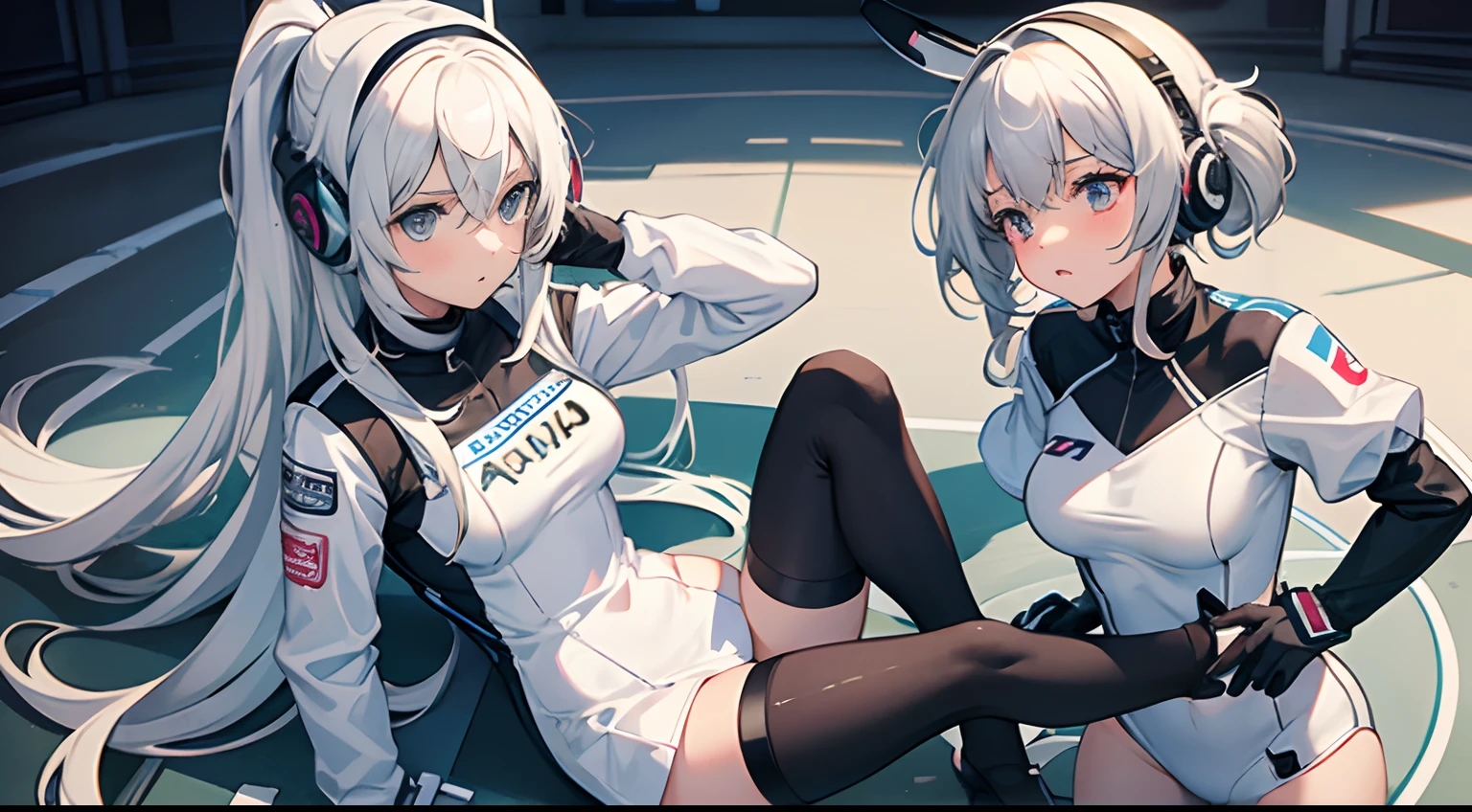 twogirls，The girl in the black tights is pressed to the ground by a white-haired girl in a white racing suit，The headphones fell to the side,Embarrassed