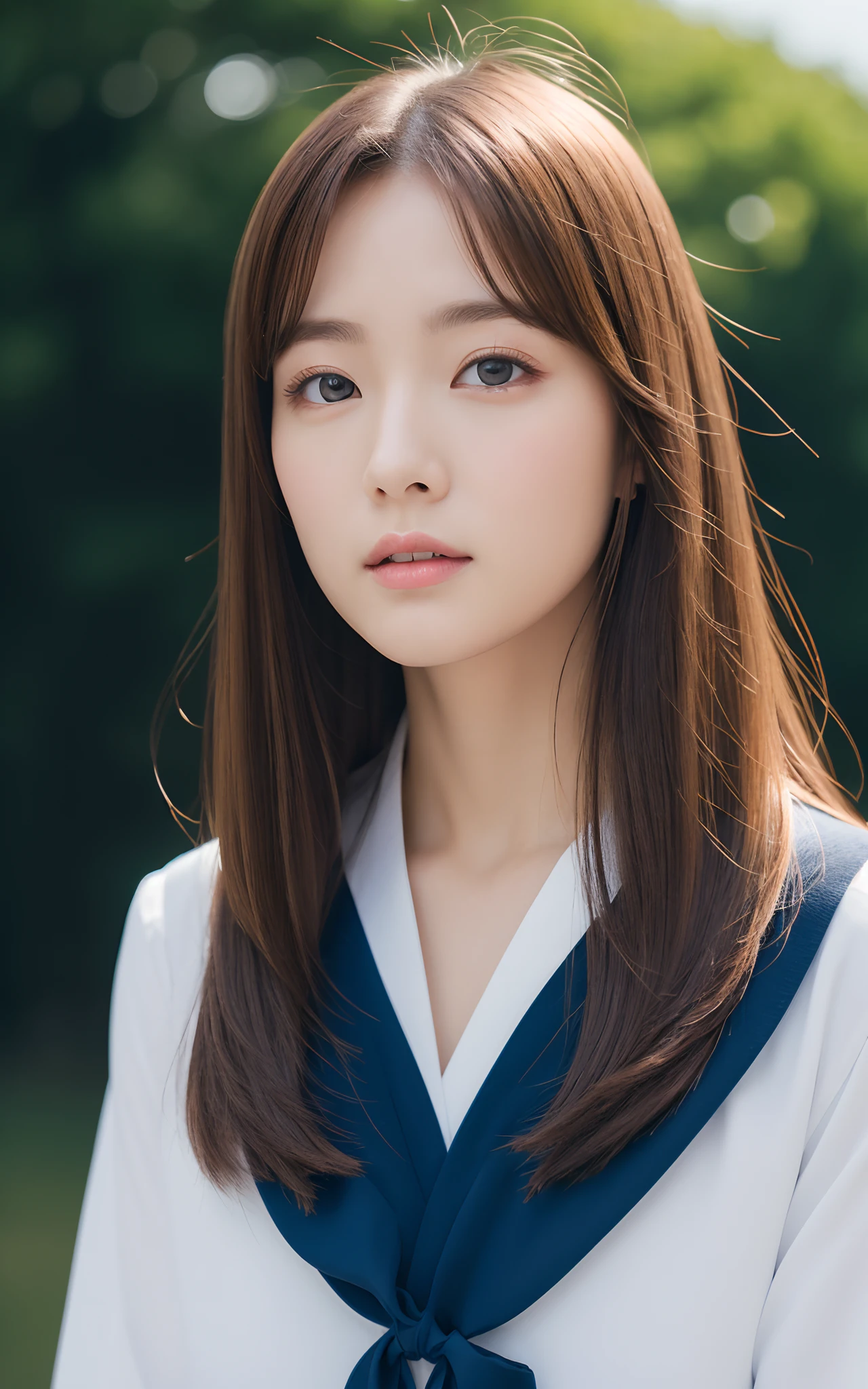 (top-quality、超A high resolution、8K、masterpiece、realisitic、Photorealsitic)、Pretty Japan Woman、1 persons、Brown hair、The upper part of the body、close-up、From above、looking in camera、a sailor suit、skirt by the、BREAK、(nigh sky:1.2)、daytime、Natural lighting