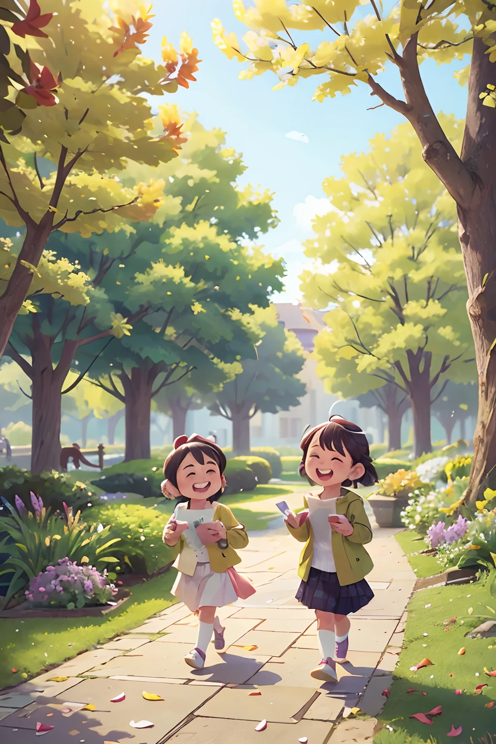 photoRealstic、walk in a city park and enjoy studying with friends、Opens mouth and laughs、up of face、flower petals、season winter