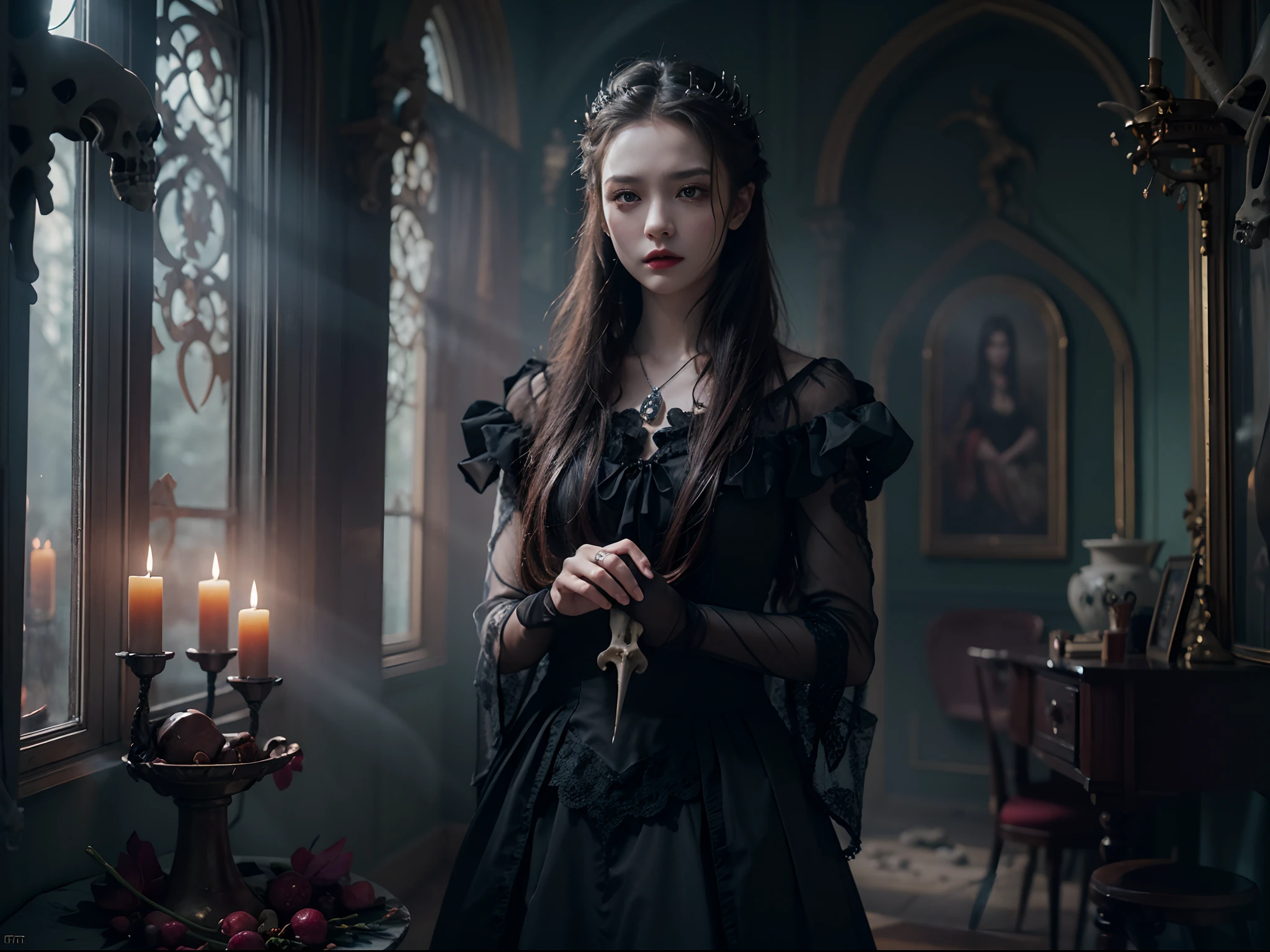 Krenz Kchart Style, ((Beautiful vampire woman glaring at me with contempt)), ((Works of WLOP、Works by Agnes Cecil : 1.7)), Vampire Princess、Traditional beauty, long braided hairstyle,、 Wide background of gothic horror, solitude、Beautiful fece、Vampire Princess、(Room made of pottery and bone:1.4)、Rays from Heaven、strong contrasts、Foggy space、(Delicate Photos : 2.0), masuter piece, awardwinning, Cinematic scene, Evil Research、Dark Spirits and Rituals、 Enchanted World、High-definition photos、