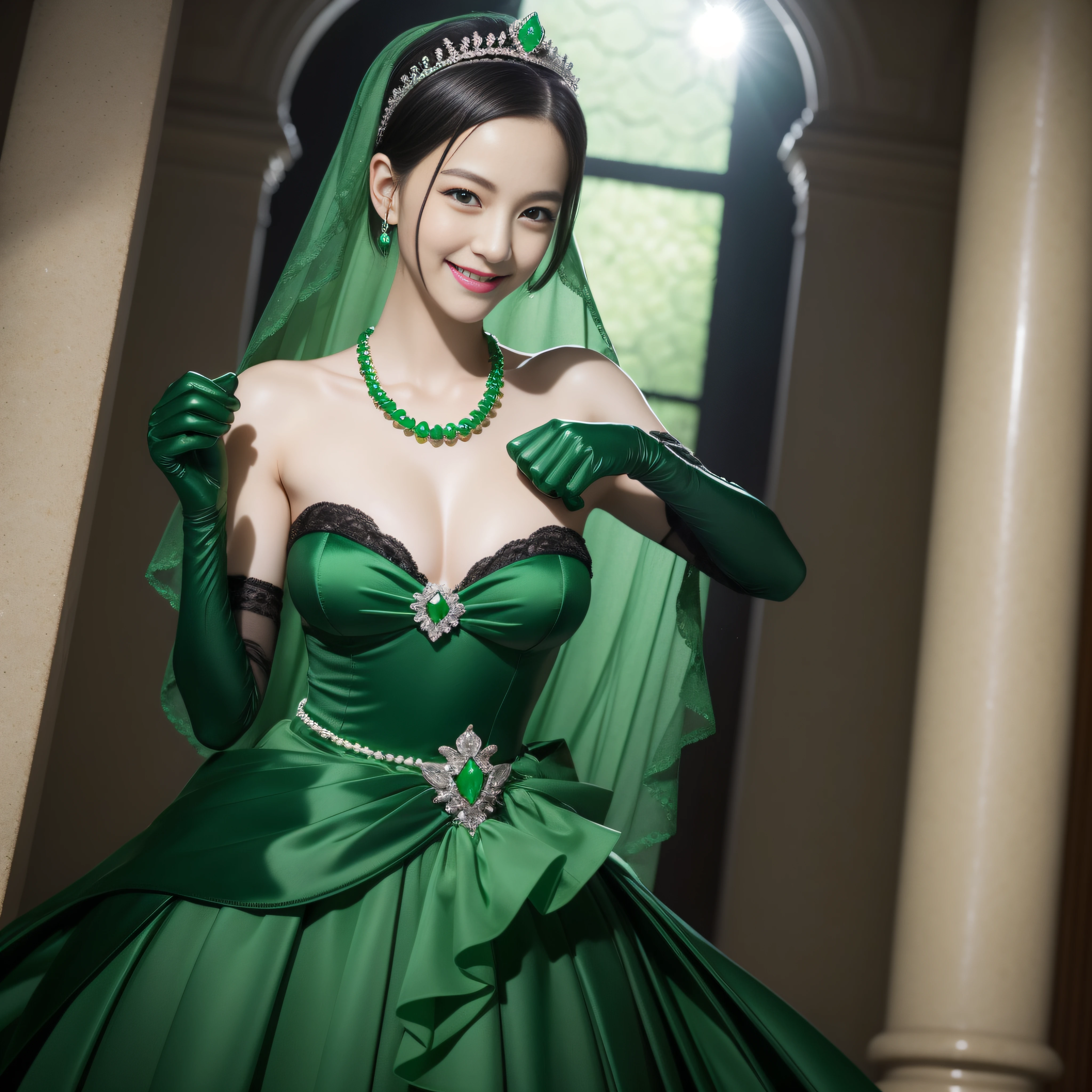 emerald tiara, Green Pearl Necklace, Boyish very short black hair, lipsticks, Japan woman smiling, Long green gloves made of satin material, very short short hair, fist, big breasts beautiful, Short face, Green eyes