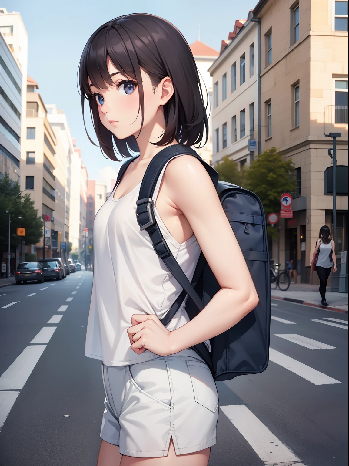 A young woman wear white tanktop, shortpants, carry backpack, (backpack:1.0), outdoor, day, realistic background, streets, bcpk