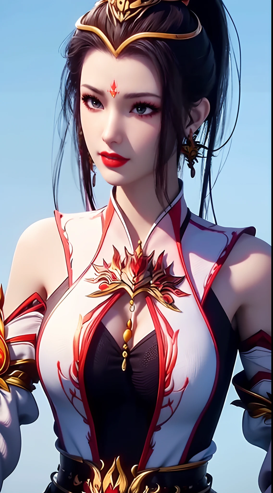 "1 beautiful girl wearing traditional costume, long thin red and white silk dress meticulously sewn, low-cut shirt, low slit, long black hair and bangs, most detailed and beautiful hair jewelry, mold most beautiful and flawless face, ((black eye pupils:0.8)), very beautiful eyes, big round eyes, ((brown eyes:1.1)), beautiful and detailed makeup eyelashes, nose tall, earrings, small red lips, rosy face, clean face, flawless beautiful face, smooth white skin, ((large breasts: 0.9)), Blums breasts, ((chest big and super round: 0.9)), ((super tight breasts: 1.2)), ((breast augmentation: 0.8)), beautiful breasts, slim and petite body, ((thin waist: 0, 9)), upper body of a beautiful girl, sexy girl, fishnet stockings color coordinated according to outfit, 8k photo, super high quality, surreal, 10x super pixels, realistic photo, dark studio, background bright, two-tone light, (high detail skin: 1.2), 8k uhd, soft light, high quality, volumetric light, realistic, High resolution photo, light, best photo, quality 4k, 8k, smooth and sharp, increased pixels by 10 times, super graphics, most realistic graphics, (((Snowfall background: 1.6))), 1 girl, alone, solo, ((portrait direct:1.2)), Extremely sharp, super realistic images."