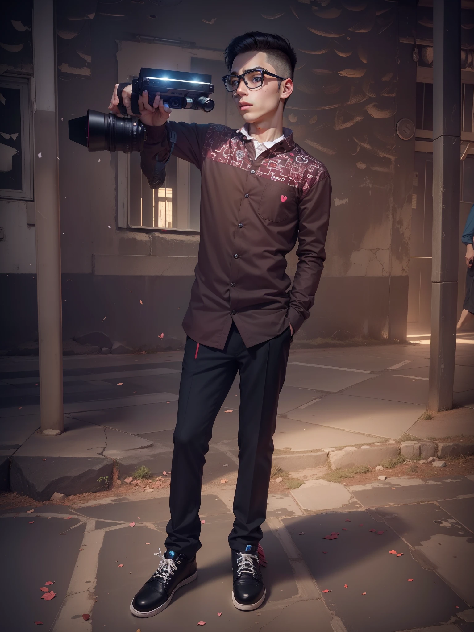 Change background, smart boy, change shoes, cartoon, 8K, 3 Heart, Camera in hand, camera pose, animeted