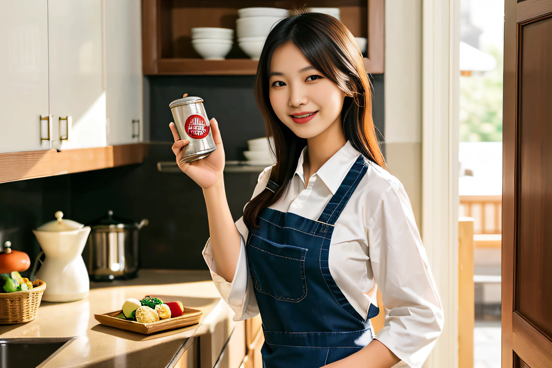 asian female, wearing a shirts, Woman in apron, Holding a can, Facing the camera, a smile