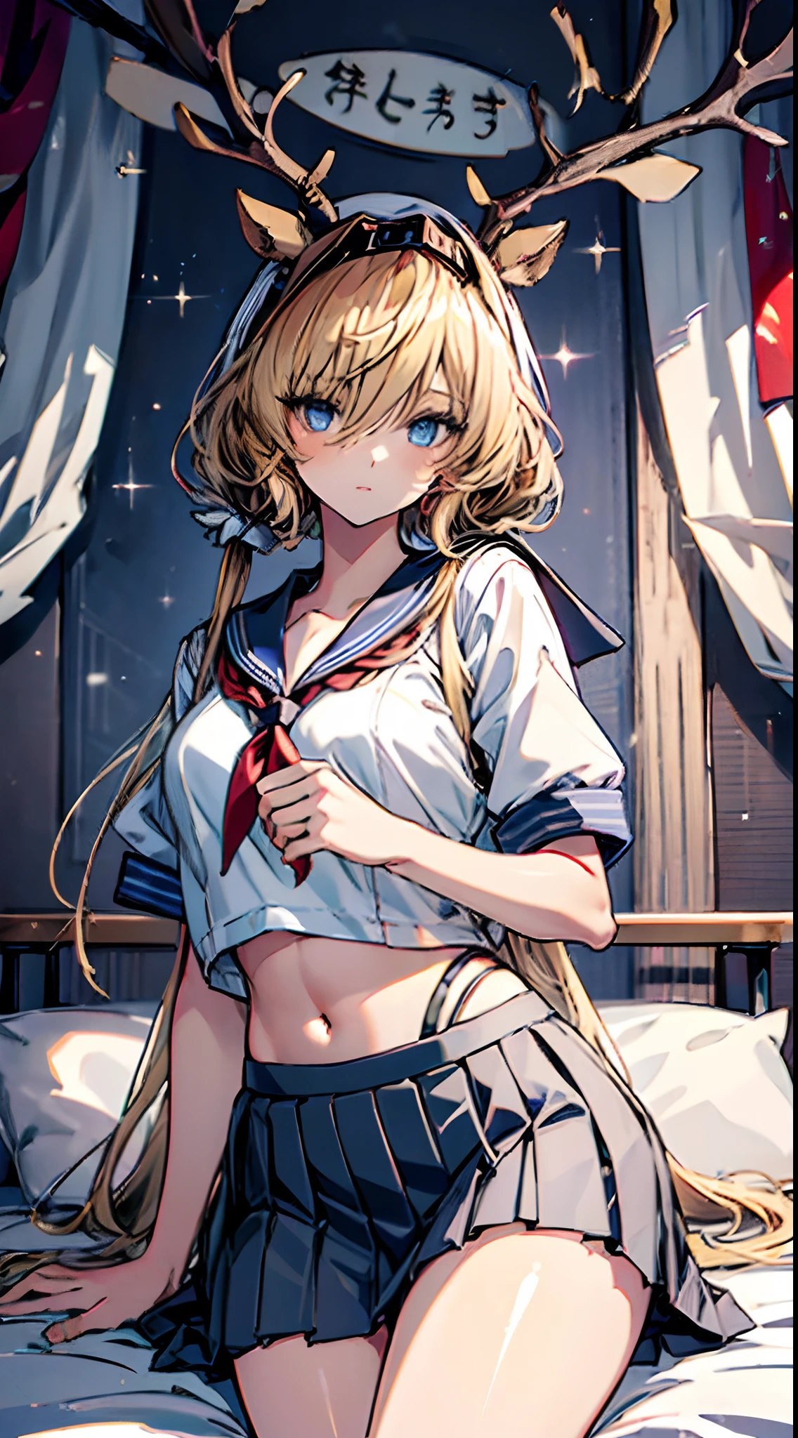 Beautiful illustration、top-quality、Cute little girl s、Bedroom、golden hair、long whitr hair、(((pleatedskirt)))、(((a sailor suit)))、short- sleeved、a navel、Pull up the skirt,Bare legged、eBlue eyes、on top of the bed、Lovely thighs、glowing thigh