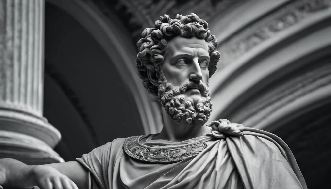 a statue of the stoic Marcus Aurelius in black and white 4K,Face de lado, papel de parede super realista, corpo forte, sem camisa, tronco forte