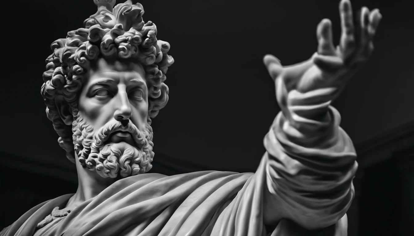 a statue of the stoic Marcus Aurelius in black and white 4K,Face de lado, papel de parede super realista, corpo forte, sem camisa, tronco forte