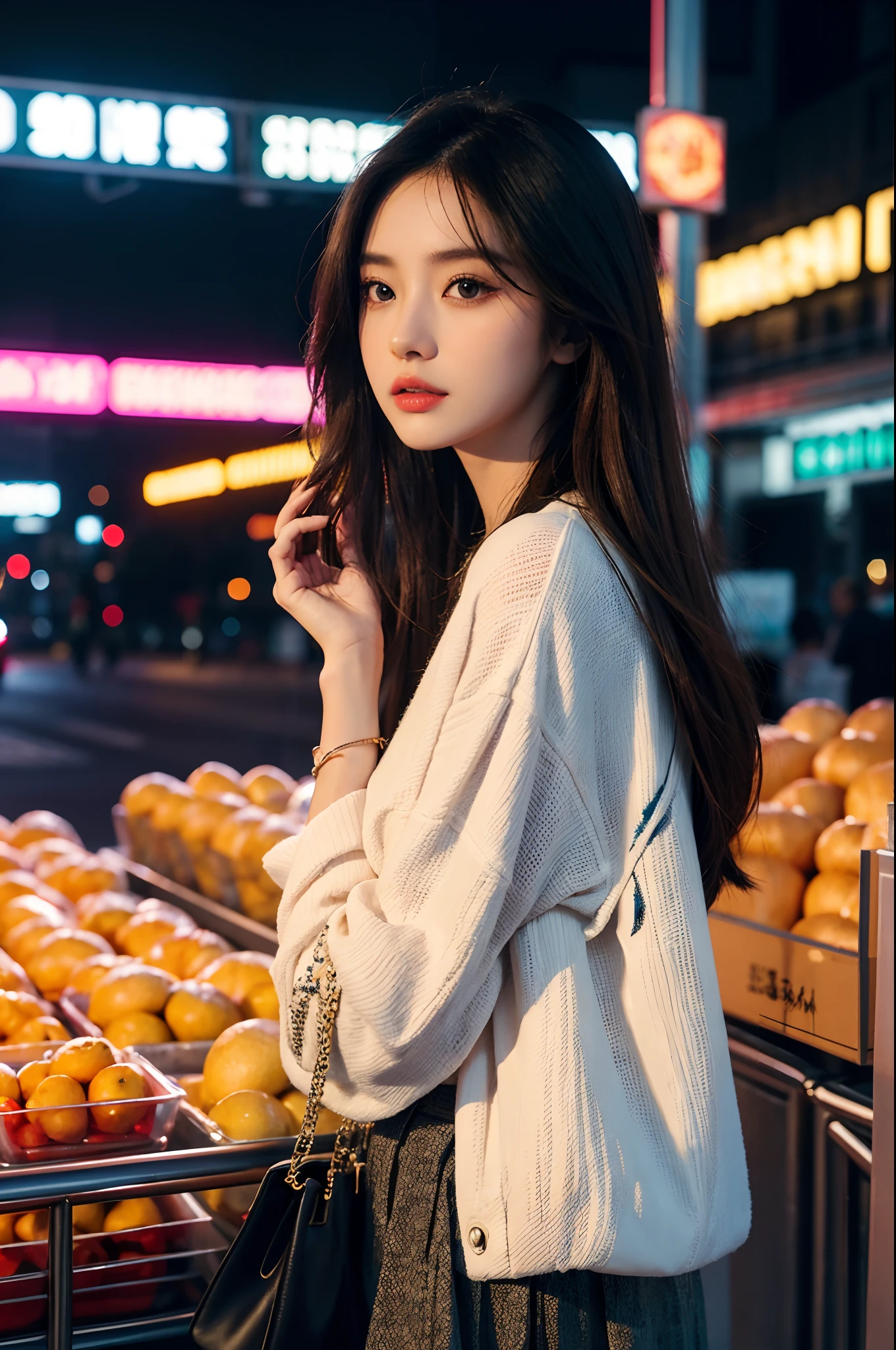 A beautiful city girl with detailed makeup, Stylish clothes, and a high-class sense of fashion, Long straight hair, Bring a stylish handbag, And wear trendy sunglasses, Walk the busy streets of Seoul confidently [urban, modern, vibrant]. Her flawless porcelain skin sparkled in the sun, Highlight her impeccable complexion. The vibrant colors of the cityscape create a vivid backdrop, The market is bustling, Neon lights, and skyscrapers [Dynamic, Energetic]. The girl is surrounded by a group of fashionable girls, Different styles, Each one reflects their personality [Stylish, diffe]. The overall scene exudes charm and sophistication.

Artworks are rendered using a mix of digital painting and photography techniques [mixed media, Contemporary]. It demonstrates a high level of detail, Girls have intricate patterns on their clothes, Highlight her fashion-forward style. Well designed lighting，Create soft and dramatic effects, Enhance the overall atmosphere of the image [Soft lighting, Dramatic atmosphere]. The color palette consists of vibrant and saturated hues, Give the artwork a bold and captivating look [vibrant, Colorful]. The composition of the artwork is carefully balanced, Draw the audience's attention to the fashion girl in the middle，while capturing the energy of the surrounding city [Balanced composition].

(Best quality, 4K, High-res), Ultra-detailed, realistic artwork, With a clear focus and vibrant colors, The perfect summary of the essence of urban fashion [Masterpiece:1.2, Ultra-detailed, Realistic:1.37]. The image quality is top-notch, Show every intricate detail of girls' makeup, Her stylish suit, and vibrant cityscapes. The overall feel of the artwork is exquisite，Visually stunning.