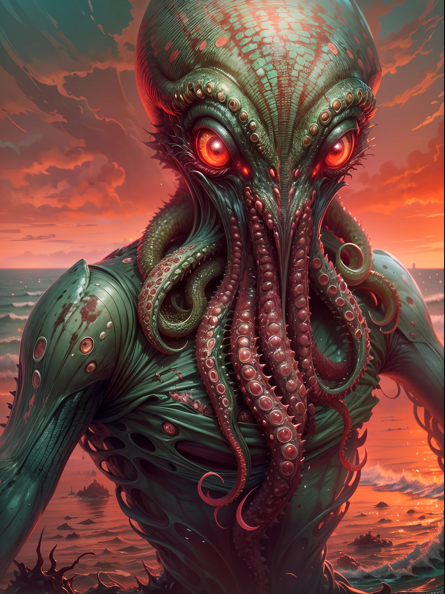 (best quality,highres,ultra-detailed),alien creature portrait,octopus-like,large size,beach landscape,alien green water sea,five glowing eyes,spiky tentacles,colorful scabrous skin,red sky,portrait,horror,concept artists,vivid colors,sharp focus,studio lighting