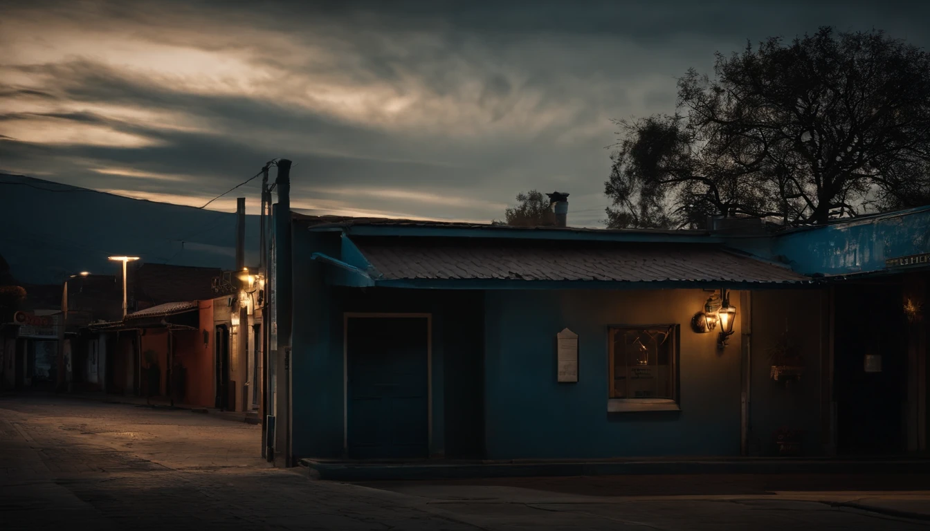 Fachada de local con aviso de 24 horas, el local tiene un aviso luminoso color azul #003399 named farmanorte and is decorated with Halloween, looks terrifying on a dark night on a long, lonely street