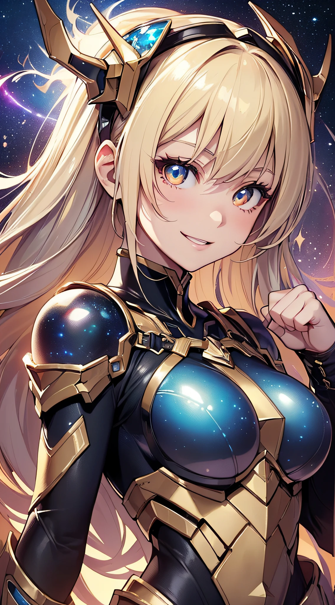 top-quality、Top image quality、masterpiece、girl with((18year old、Cosmic Metallic Armor、Best Bust、Bust 90、a blond、Semi-long、Glowing eyes、open chest wide、Valley、Happiness、Luminous Chain Accessories、Cosmic Accessories、weightless、fists up、The best smile、Laser from both hands,top down、Reflecting the whole body)hiquality、visualart、Background with(spaces、stele々、kosmos))、masutepiece、Best graphics、Super delicate