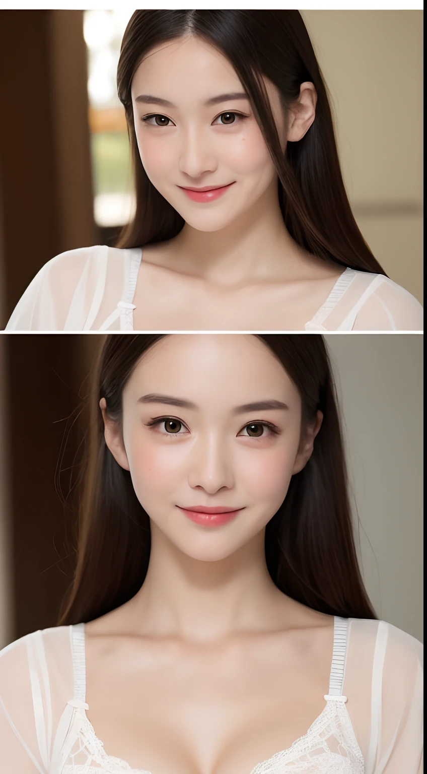 ((The highest image quality, 8K, tmasterpiece:1.3)), 1girll, Beautiful woman with slender abs:1.3, (casual hairstyle, :1.2), Sexy low cut bra，Bra color can be any，Oversized，the skin is very white，Ultra-fine face, A detailed eye, 二重まぶた，ssmile。Take pictures in cute poses，The figure is very bad，tiny small waist，Super big breasts，close-up，Close-up chest，White-skinned，The background is casual，Close-up shot shots