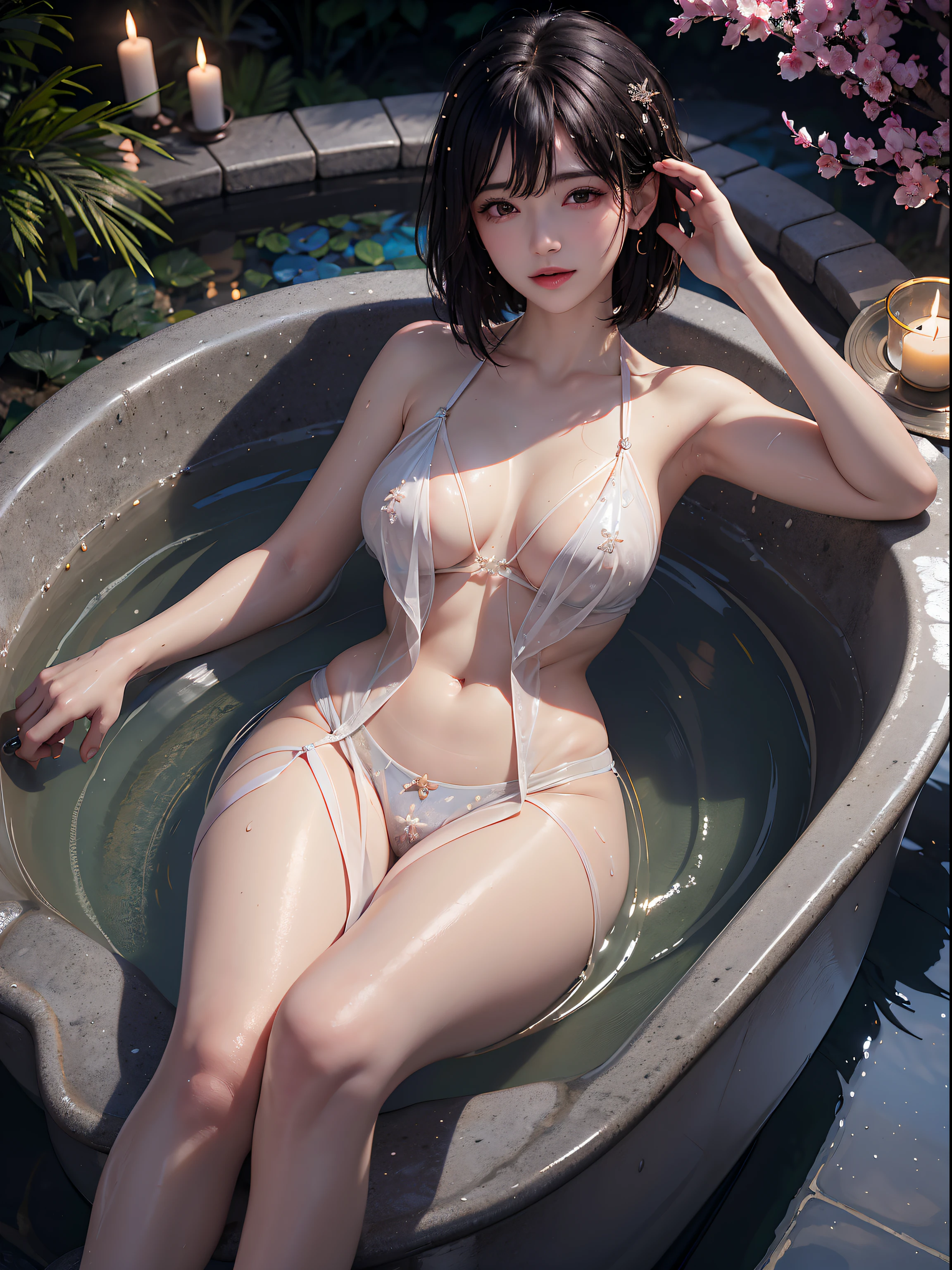 Imagine the emotions and thoughts running through a 1 woman’s (medium haircut) mind as she enjoys a unique jelly bath (wet body, wet hair) in an extravagant outdoor glass tub beneath a canopy of twinkling stars and the gentle flickering of fireflies, masterpiece, intricate detail, 8k hires, ultra detailed, extremely delicate and beautiful, volumetric lighting
