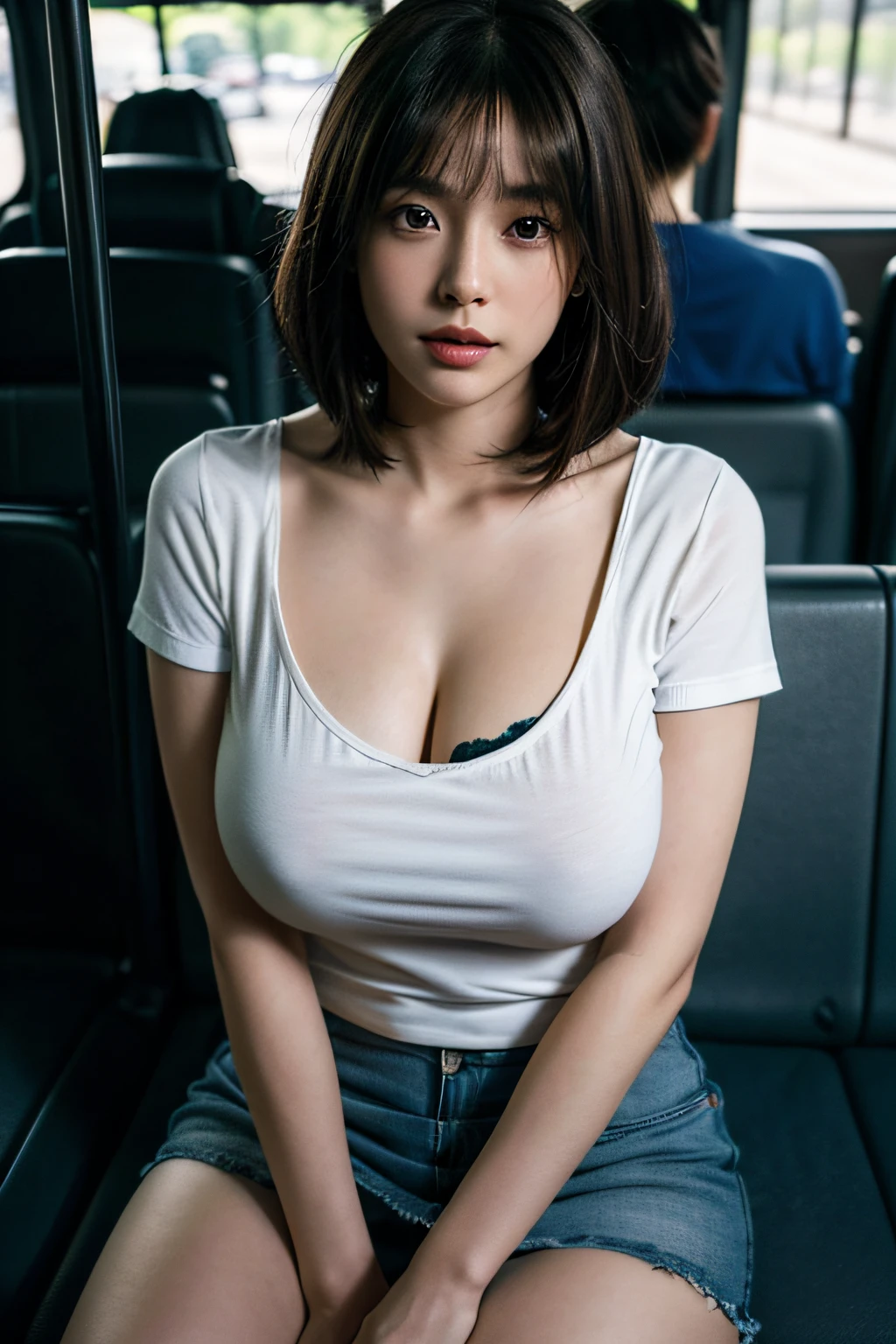 1 beautiful woman, 40 years old, Brunette Bob Cut Hair, hyperdetailed face、Detailed lips、A detailed eye、(Huge breasts:1.3), 二重まぶた, Short-sleeved blouse, ((micromini skirt)),  cleavage, panties on、(thighs thighs thighs thighs), Sitting on the bus、8K, masutepiece, Best Quality, ultra-detailliert, 超A high resolution, professional photograpy, Official art, Wallpaper, hyper realisitic, Photorealistic, Realistic