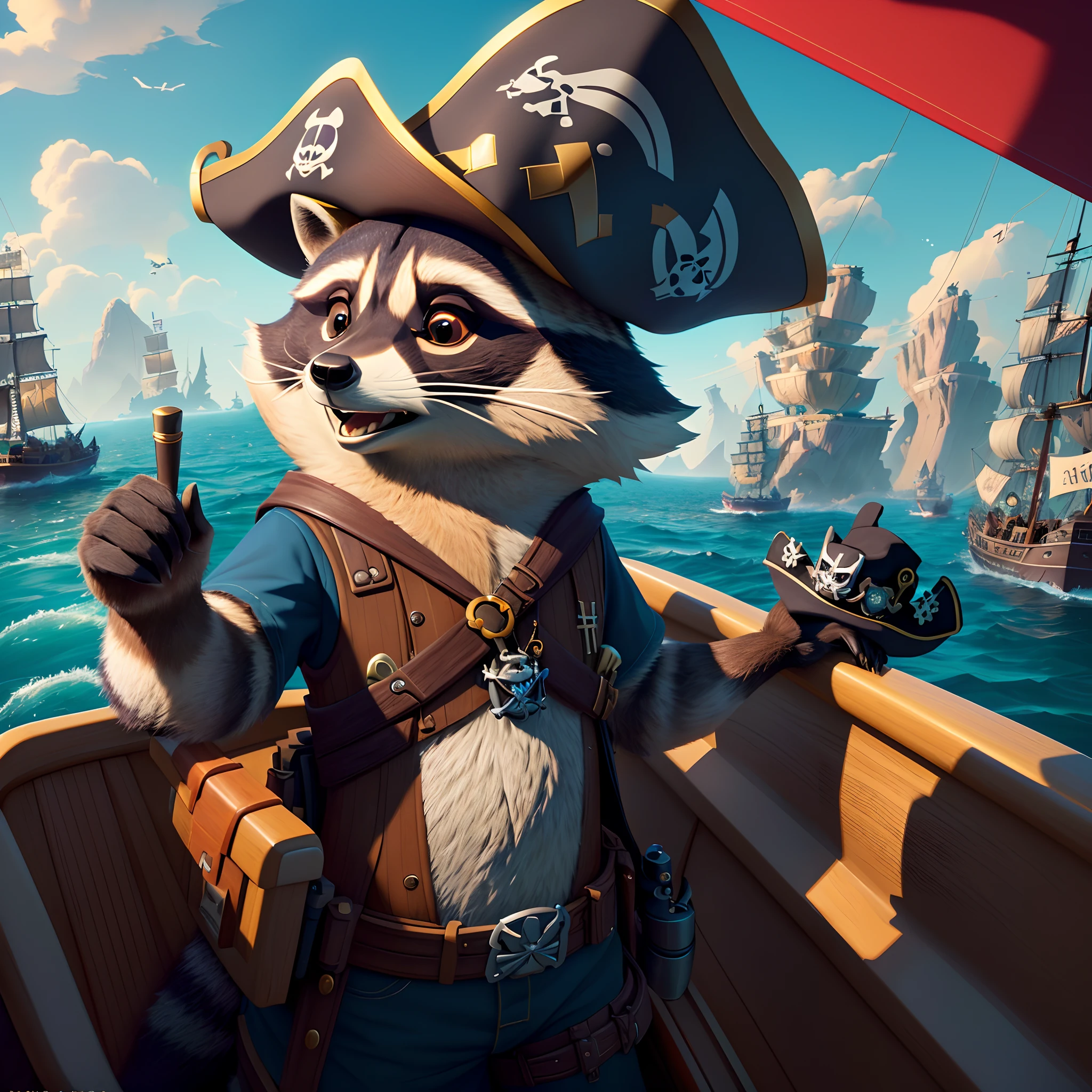 a close up of a raccoon on a boat with a pirate hat, trending on artstation 4k, zootopia movie style, cinematic matte illustration, trending on polycount, trending on 8k, movie character, dreamworks animation style, disney pixar 8 k photo, 8k trending, style of zootopia, movie illustration