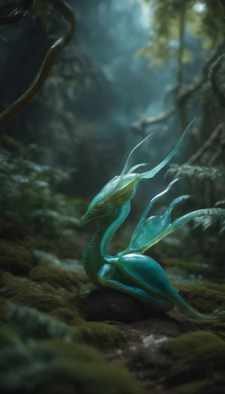 Translucent ethereal alien creatures，中景 the scene is，Full body like， highly detailed surreal vfx，oc rendered，Shot with 70 mm - AR 16:9 --q 2 --s 1000
