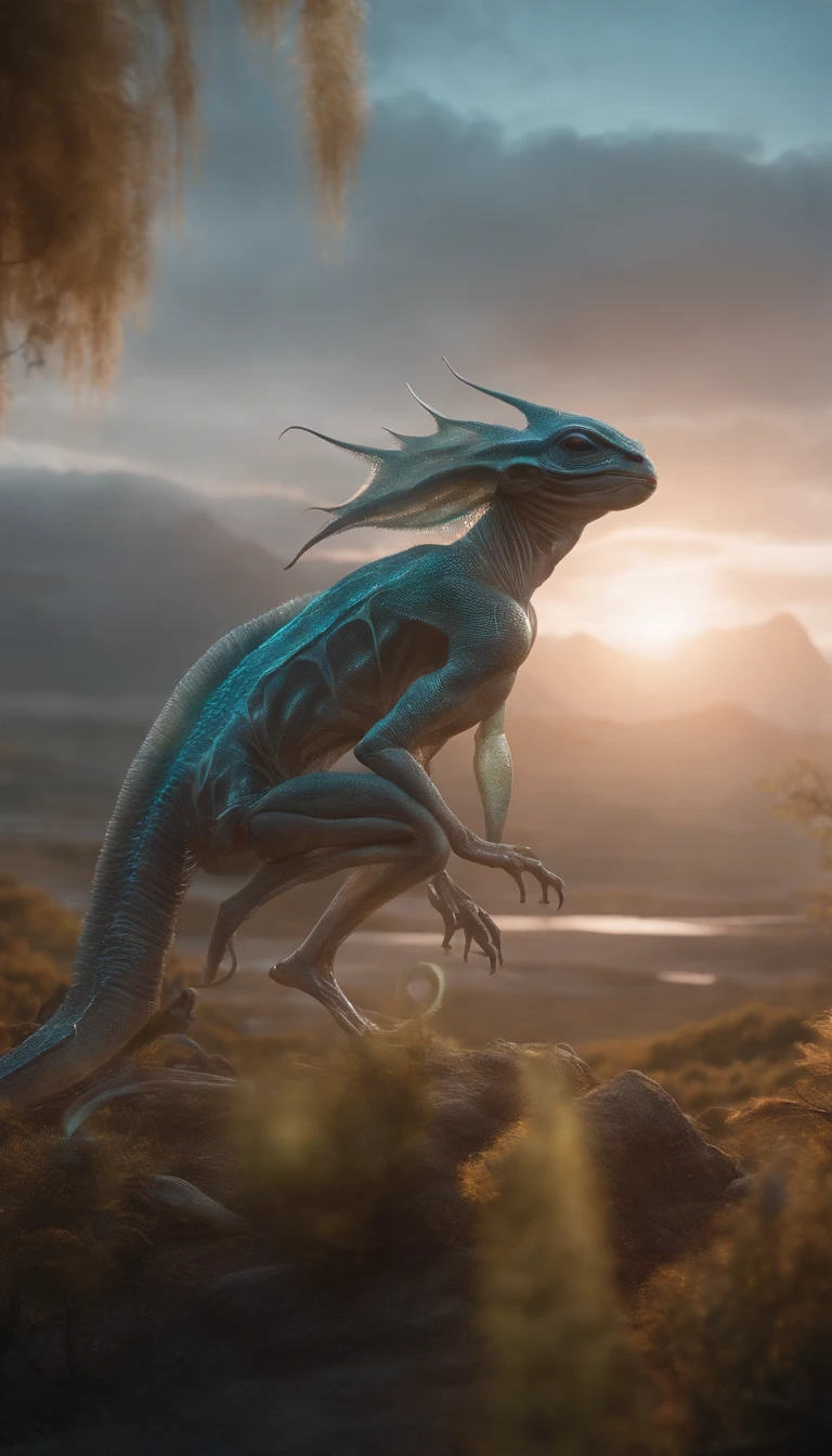 Translucent ethereal alien creatures，中景 the scene is，Full body like， highly detailed surreal vfx，oc rendered，Shot with 70 mm - AR 16:9 --q 2 --s 1000