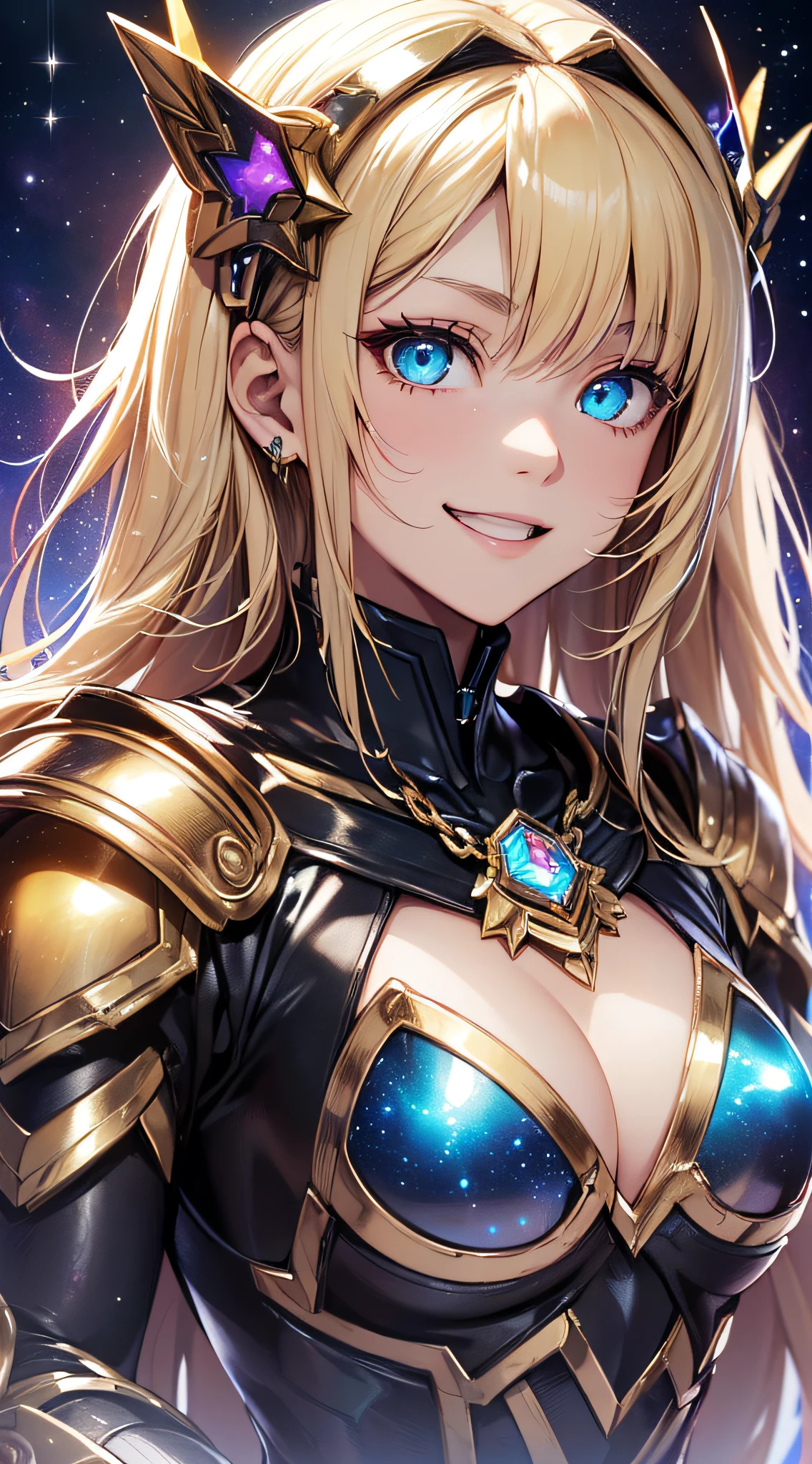 top-quality、Top image quality、masterpiece、girl with((18year old、Cosmic Metallic Armor、Best Bust、Bust 90、a blond、Semi-long、Glowing eyes、open chest wide、Valley、Happiness、Luminous Chain Accessories、Cosmic Accessories、weightless、fists up、The best smile、Laser from both hands,top down、Reflecting the whole body)hiquality、visualart、Background with(spaces、stele々、kosmos))、masutepiece、Best graphics、Super delicate